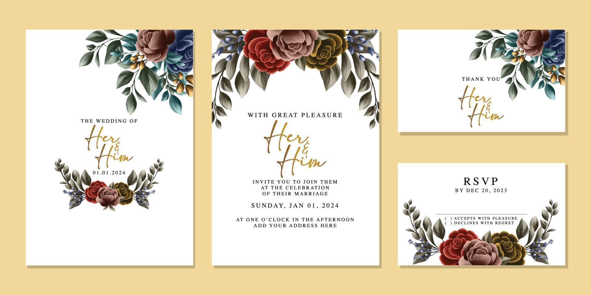 plantilla de fondo de tarjeta de invitación de boda de flores hermosas de lujo vector