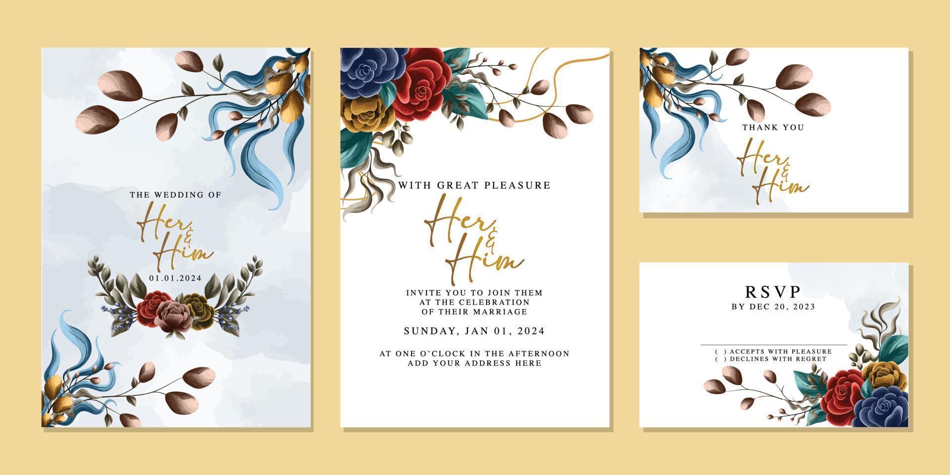 Luxury beautiful flowers wedding invitation card background template vector