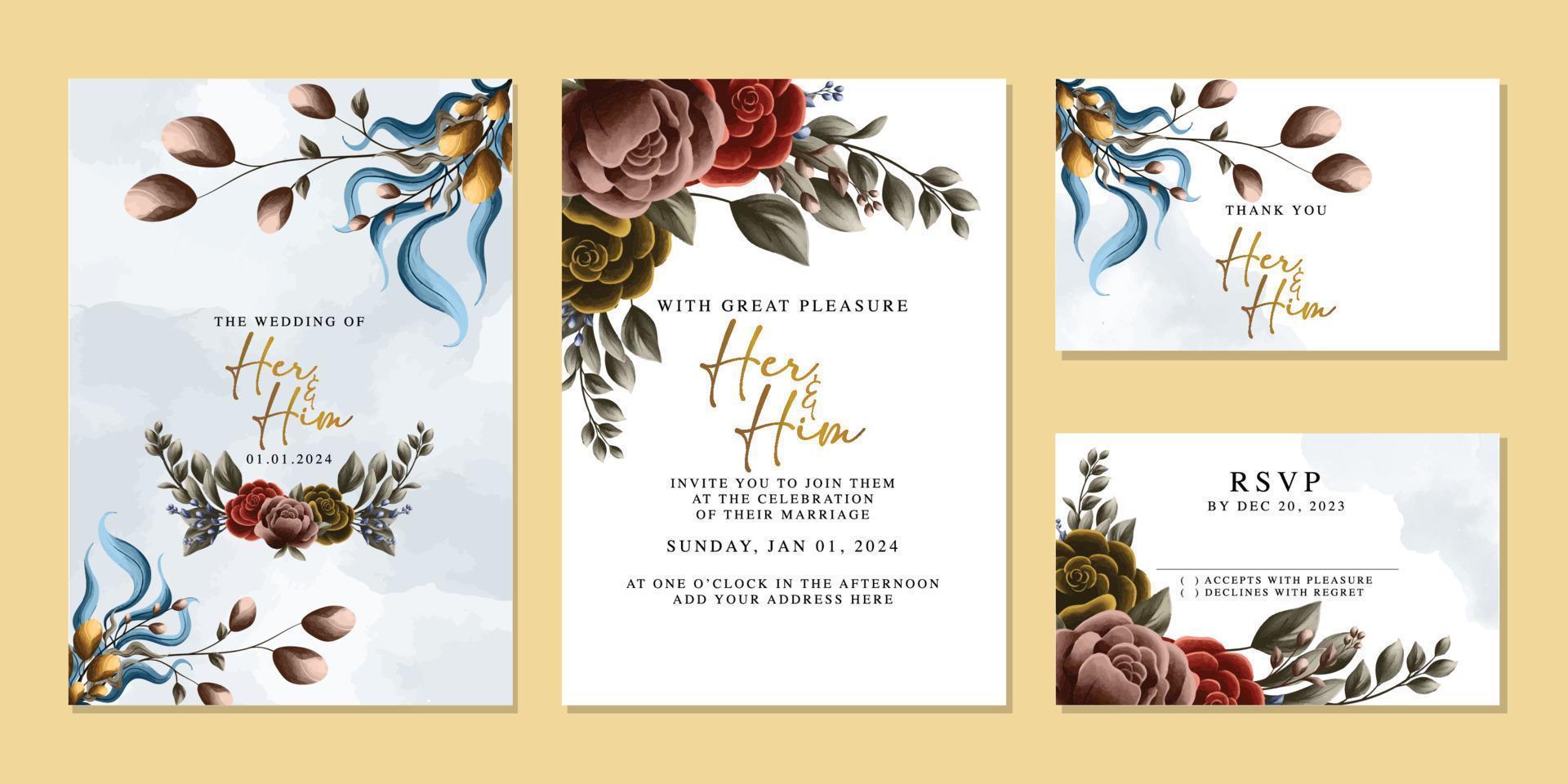 plantilla de fondo de tarjeta de invitación de boda de flores hermosas de lujo vector