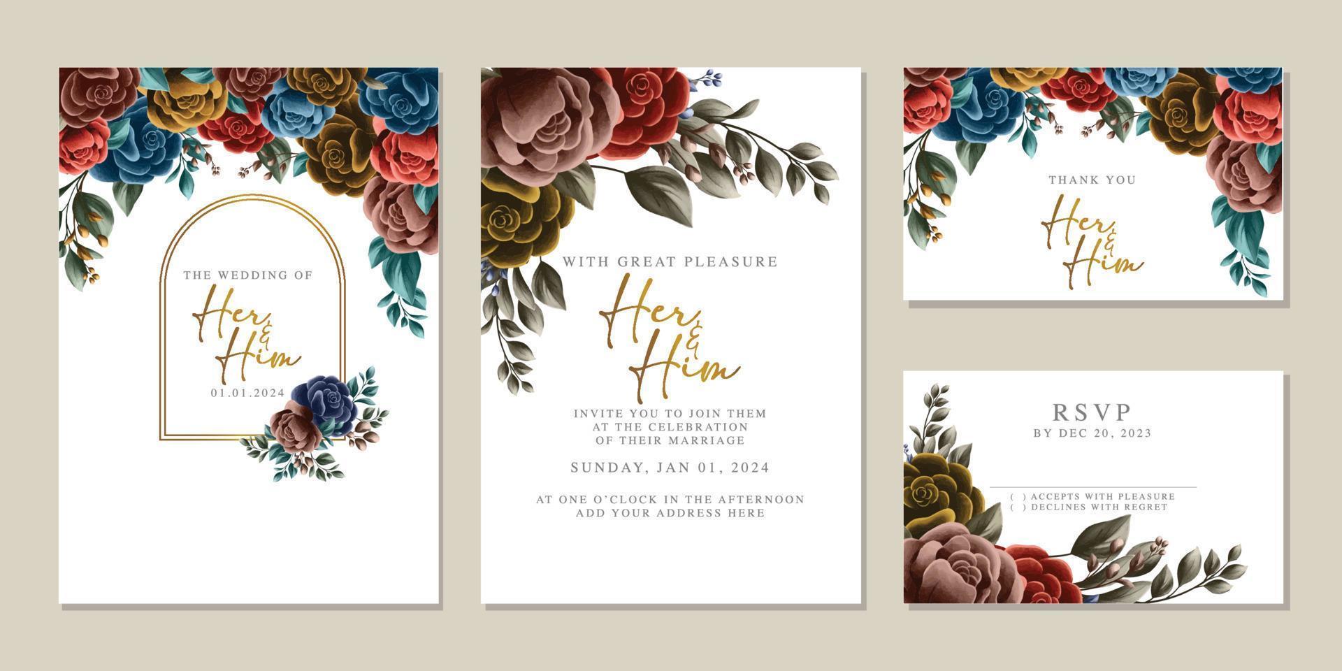 plantilla de fondo de tarjeta de invitación de boda de flores hermosas de lujo vector