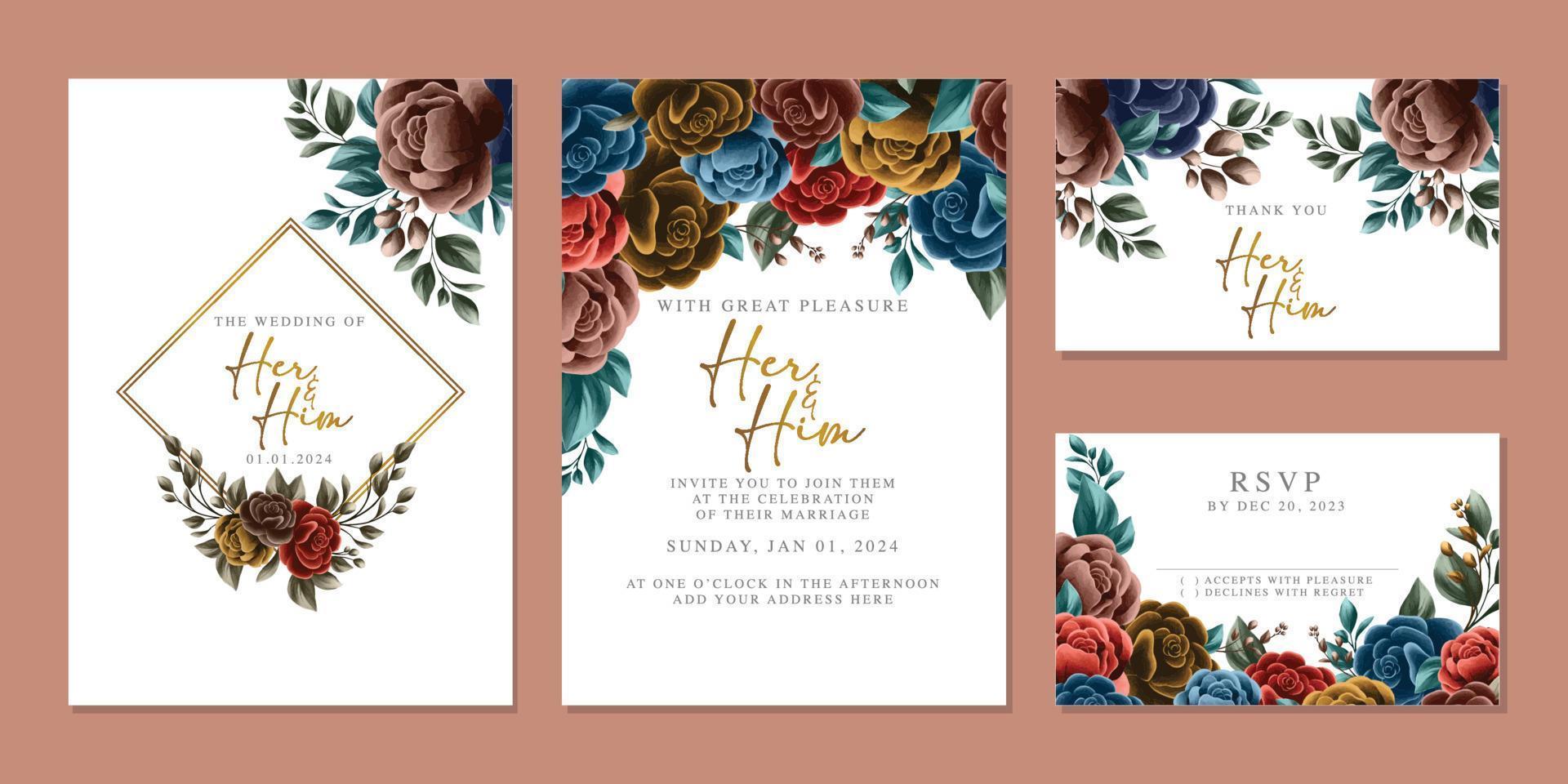 plantilla de fondo de tarjeta de invitación de boda de flores hermosas de lujo vector