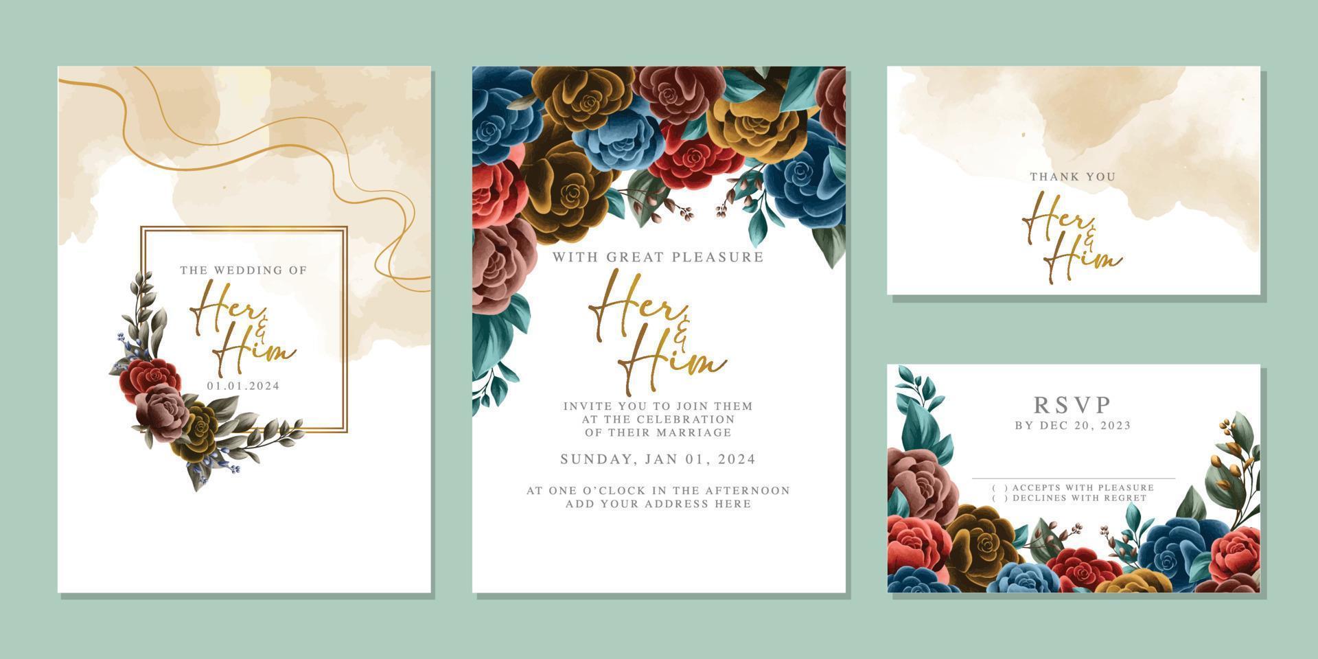 Luxury beautiful flowers wedding invitation card background template vector
