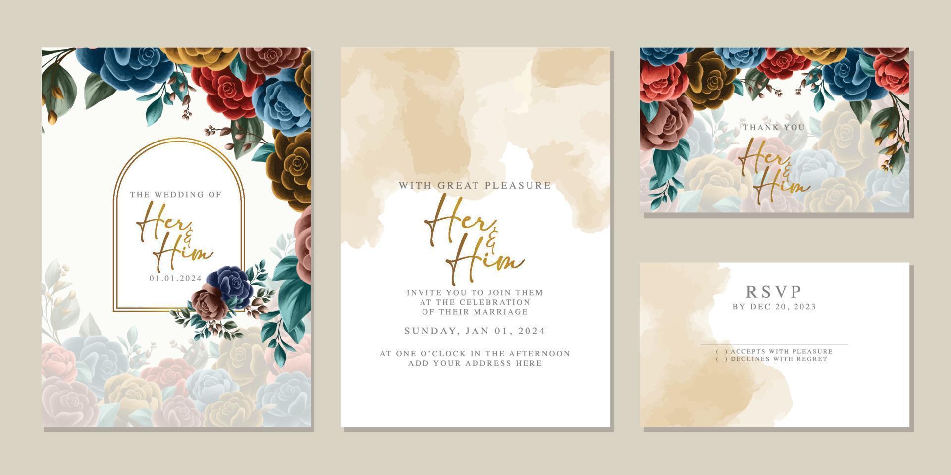 Luxury beautiful flowers wedding invitation card background template vector