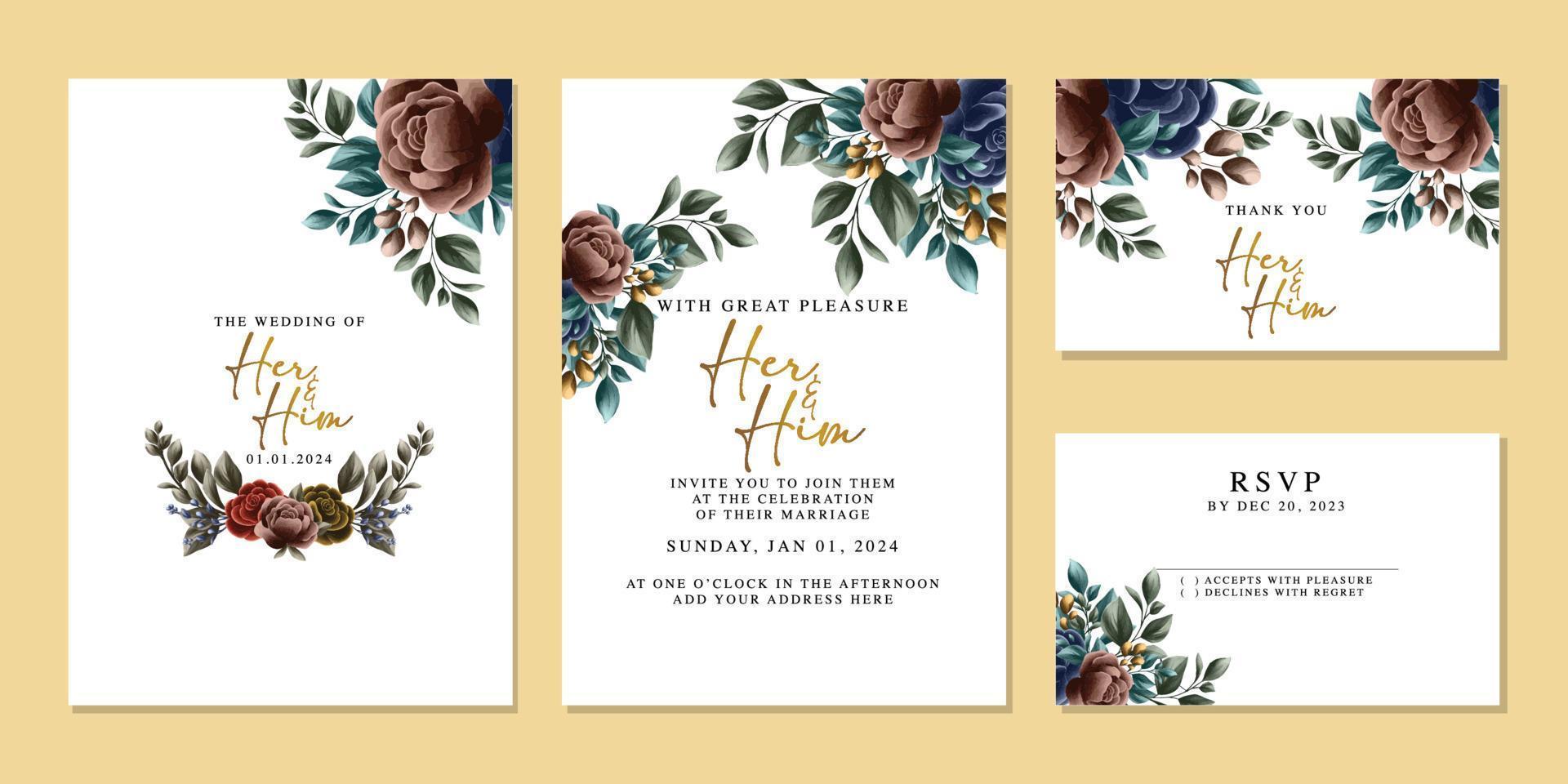 Luxury beautiful flowers wedding invitation card background template vector