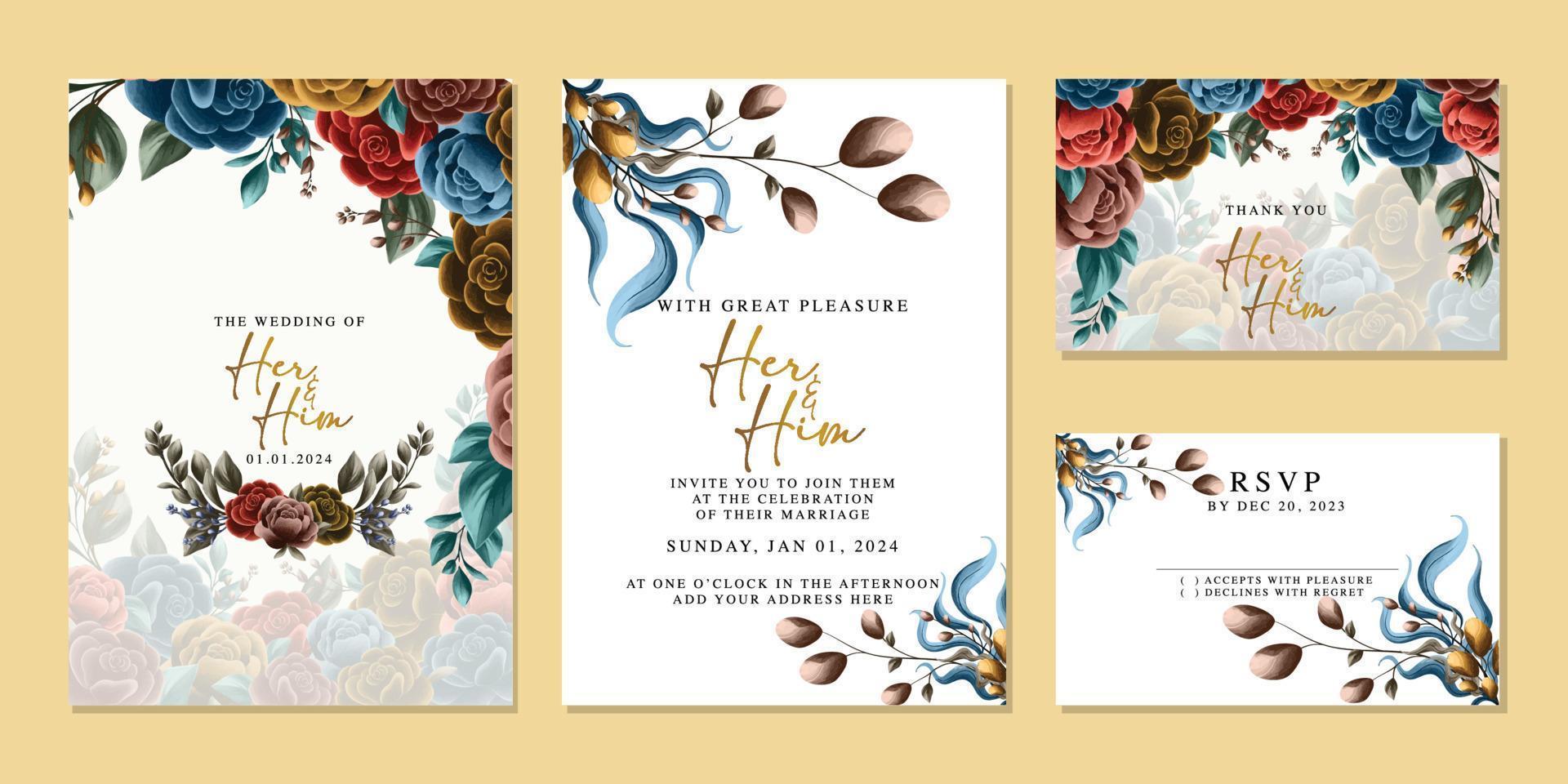 Luxury beautiful flowers wedding invitation card background template vector