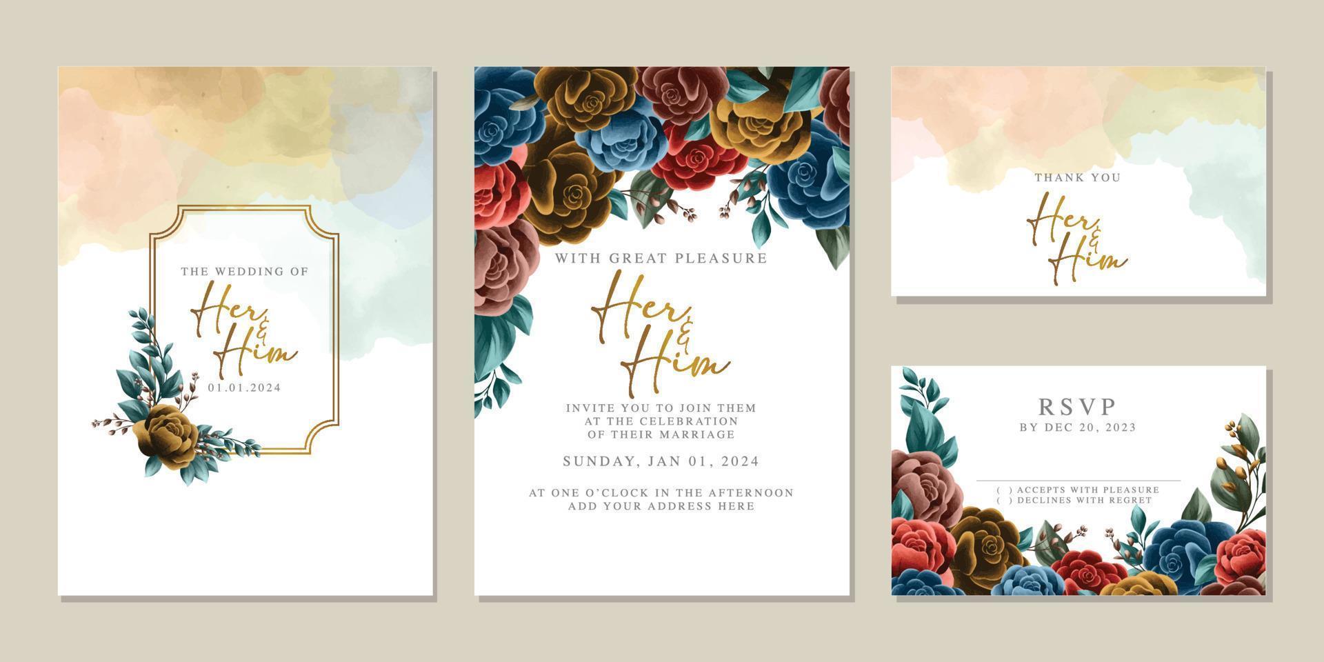 plantilla de fondo de tarjeta de invitación de boda de flores hermosas de lujo vector