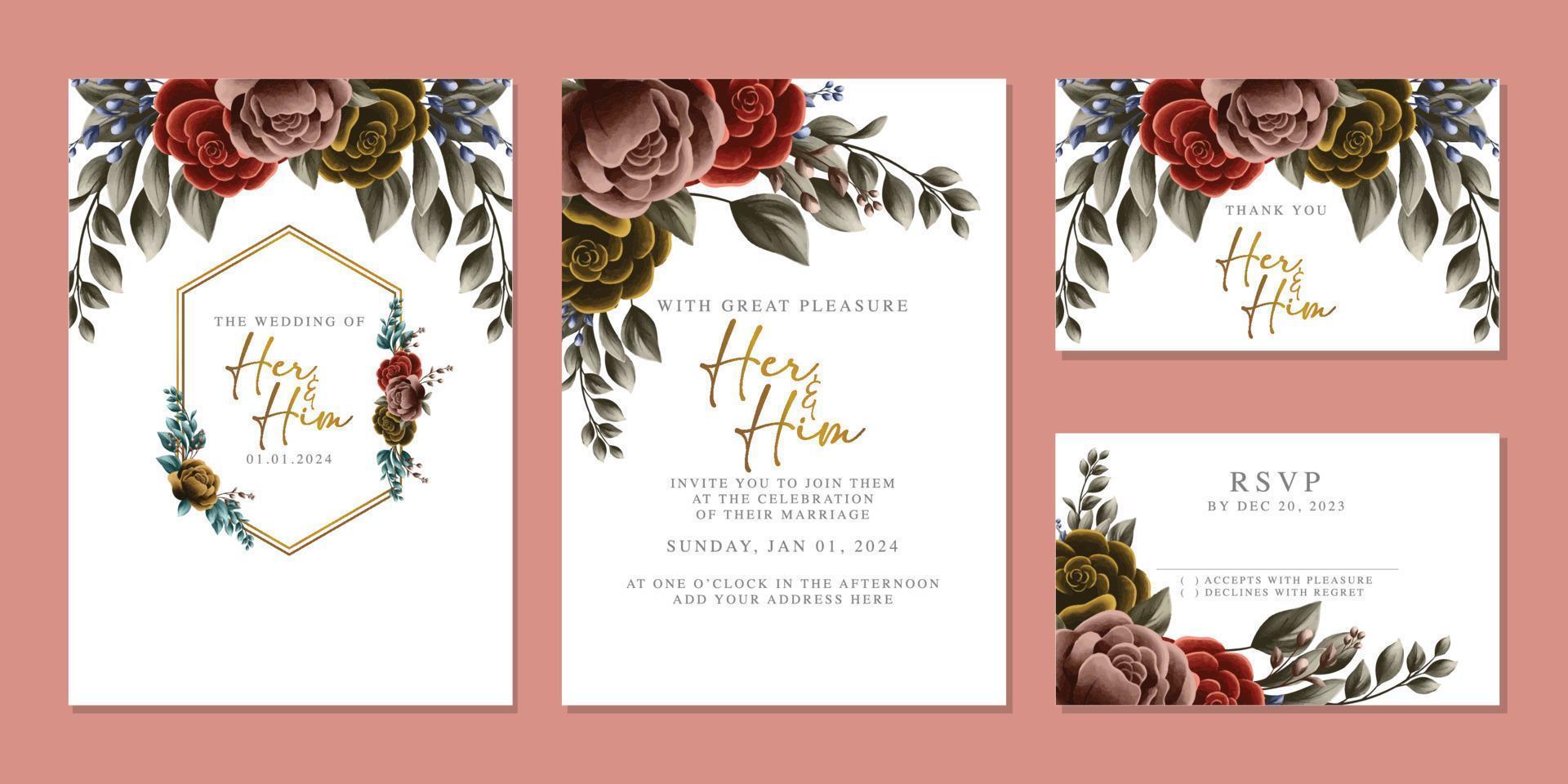 plantilla de fondo de tarjeta de invitación de boda de flores hermosas de lujo vector