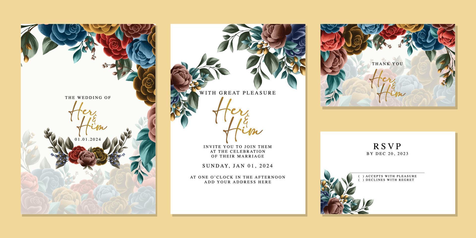 plantilla de fondo de tarjeta de invitación de boda de flores hermosas de lujo vector