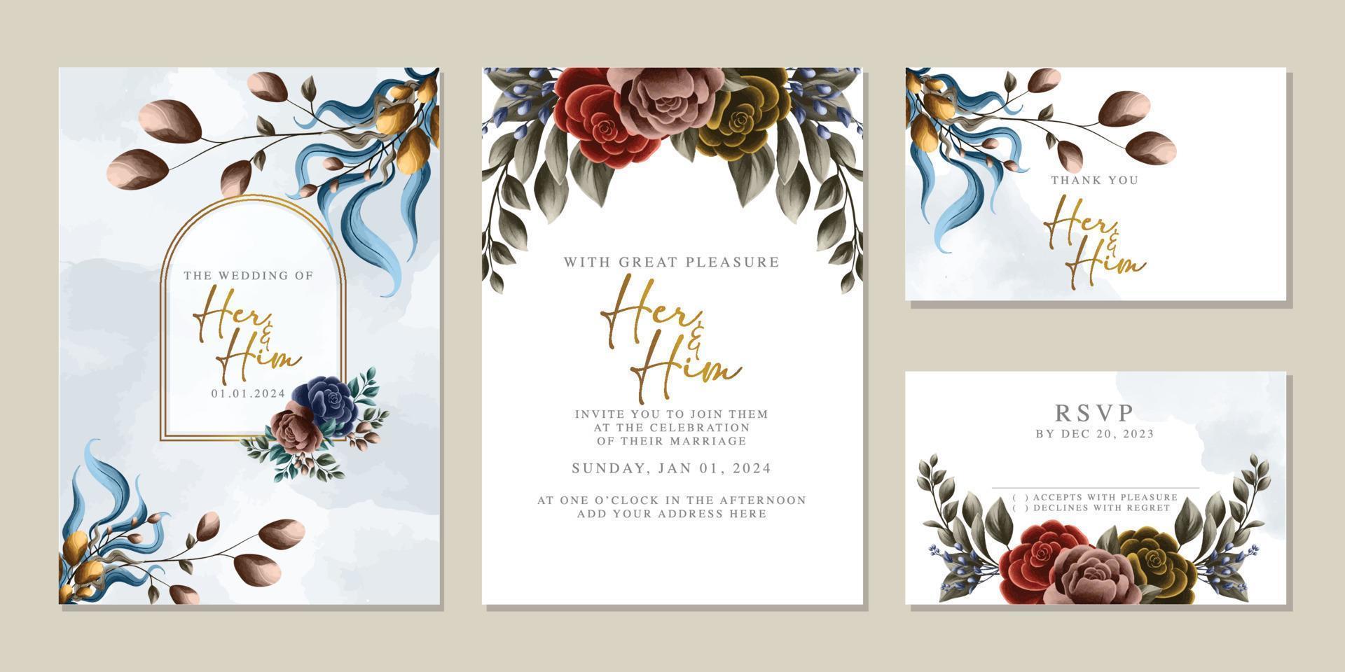 plantilla de fondo de tarjeta de invitación de boda de flores hermosas de lujo vector