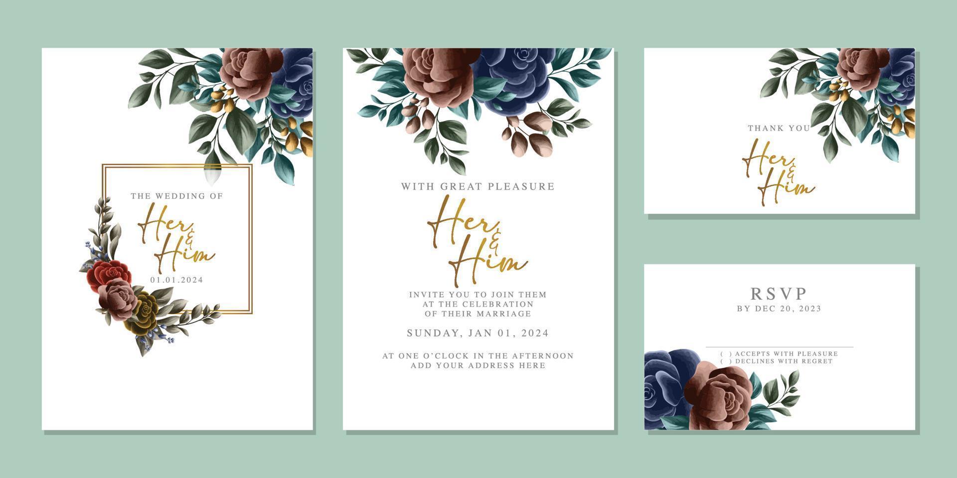 Luxury beautiful flowers wedding invitation card background template vector