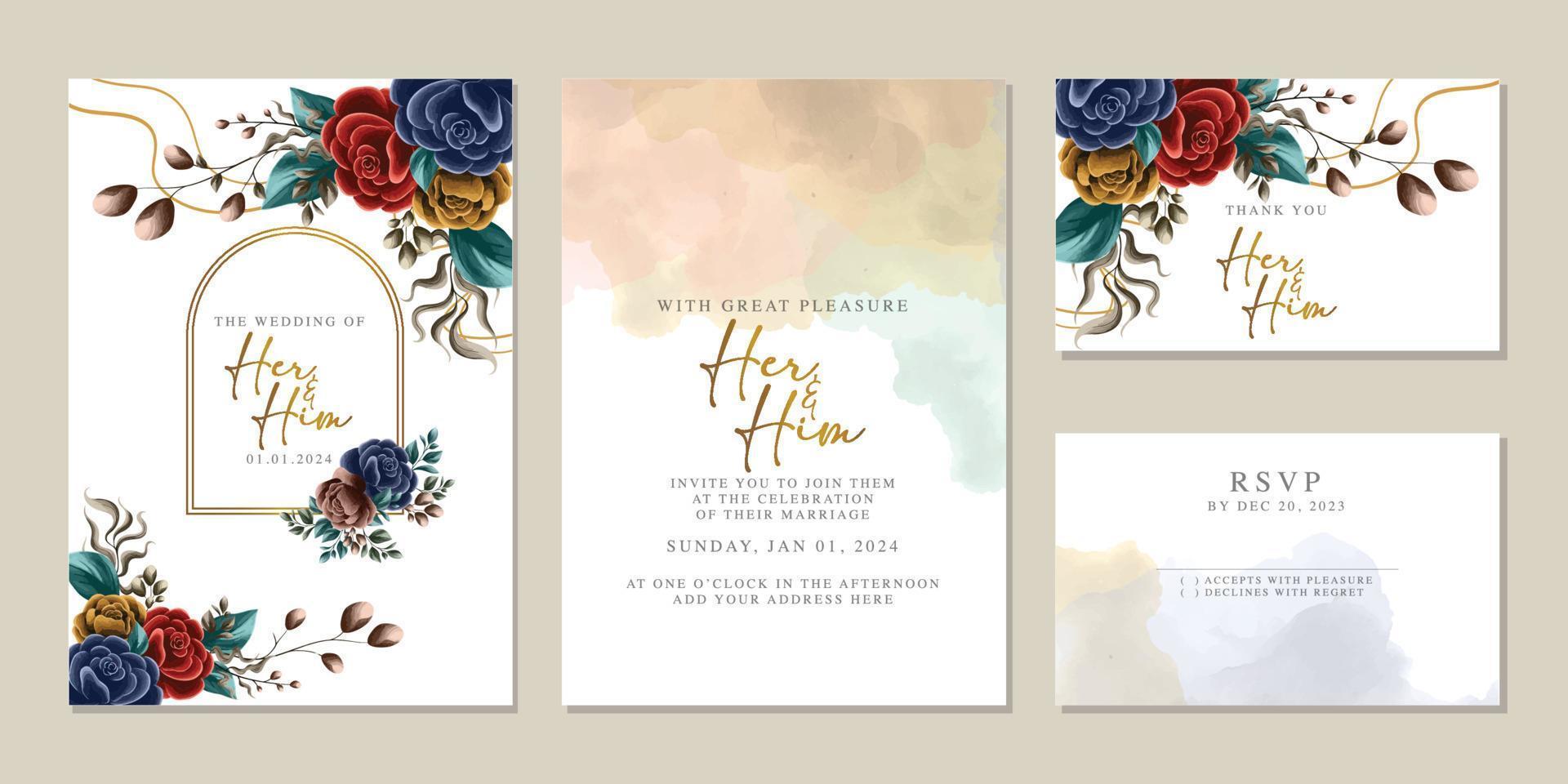 plantilla de fondo de tarjeta de invitación de boda de flores hermosas de lujo vector