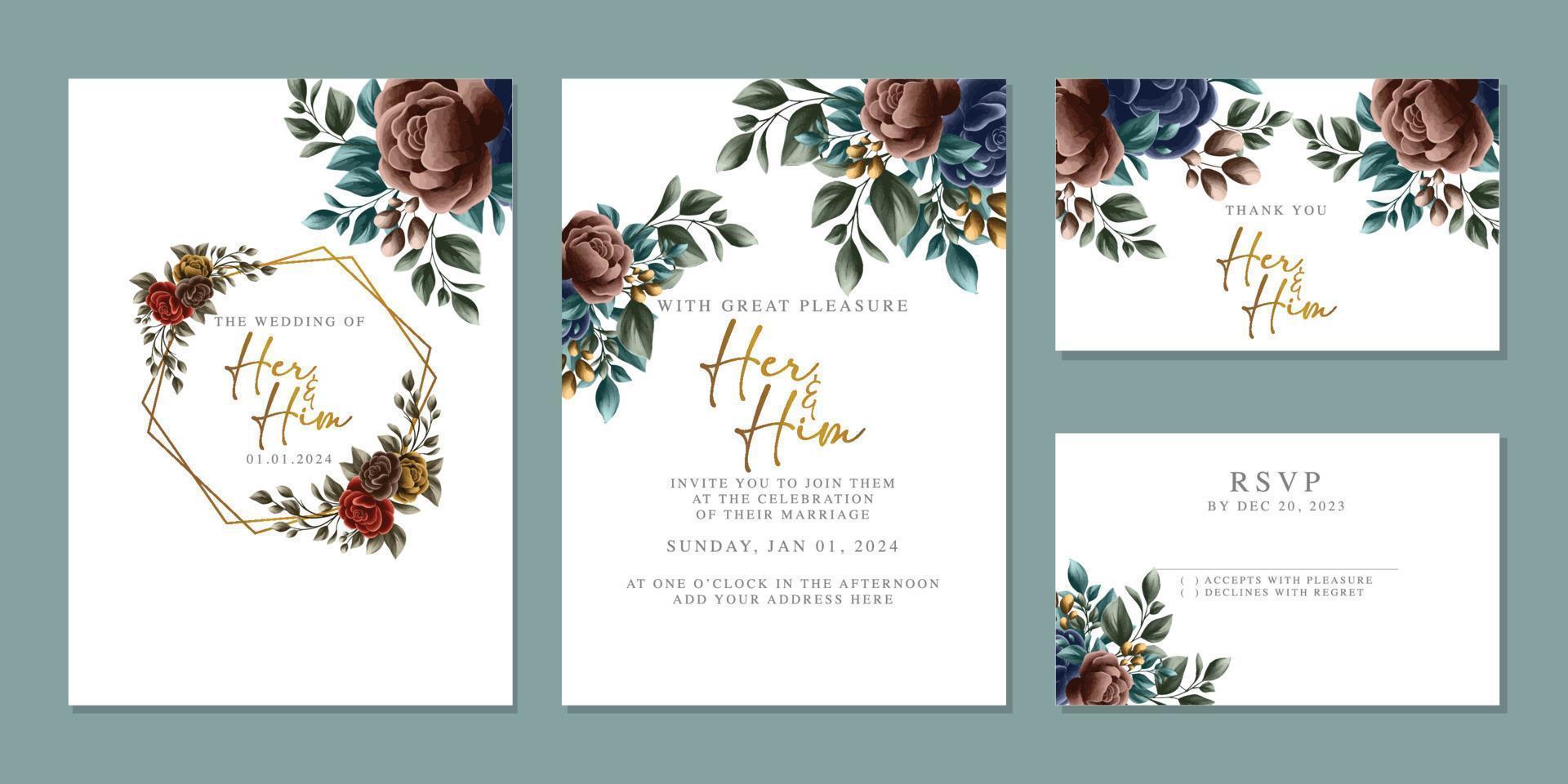 Luxury beautiful flowers wedding invitation card background template vector