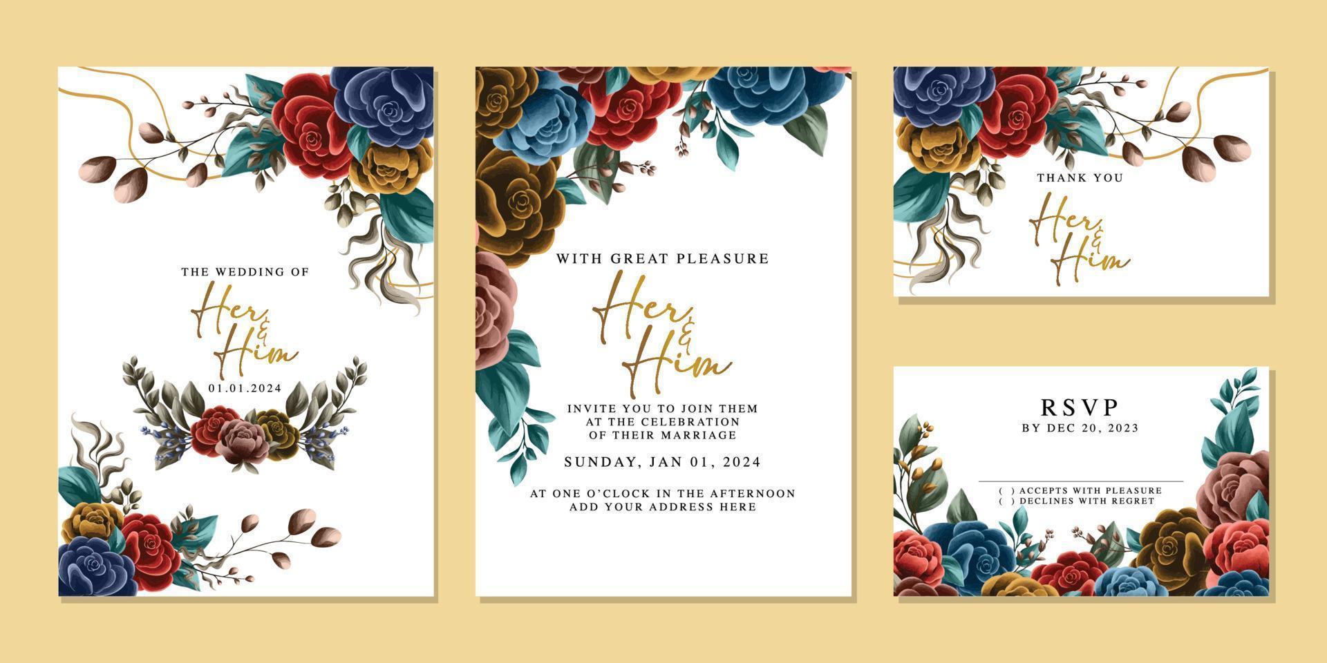 plantilla de fondo de tarjeta de invitación de boda de flores hermosas de lujo vector