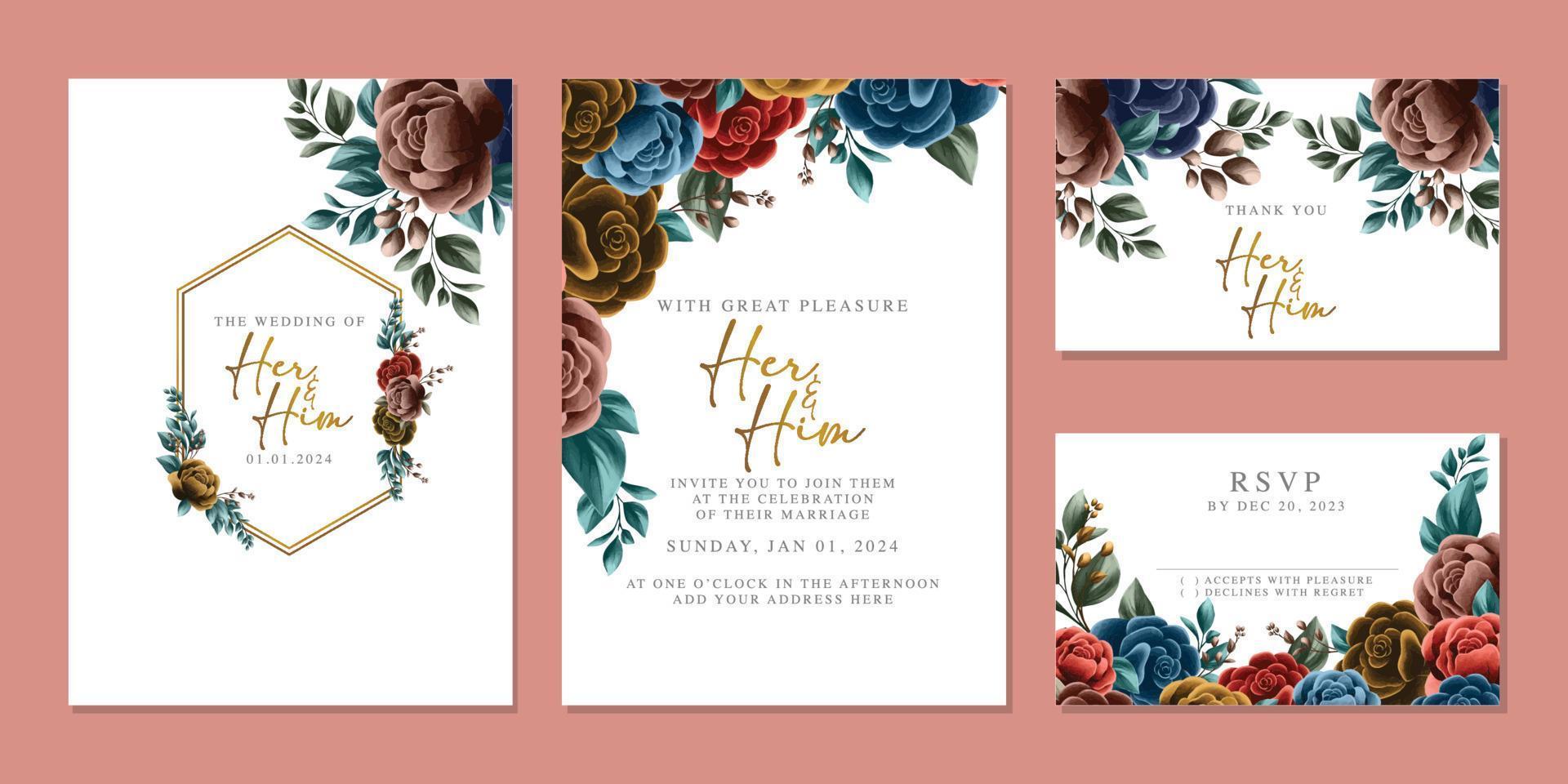 Luxury beautiful flowers wedding invitation card background template vector