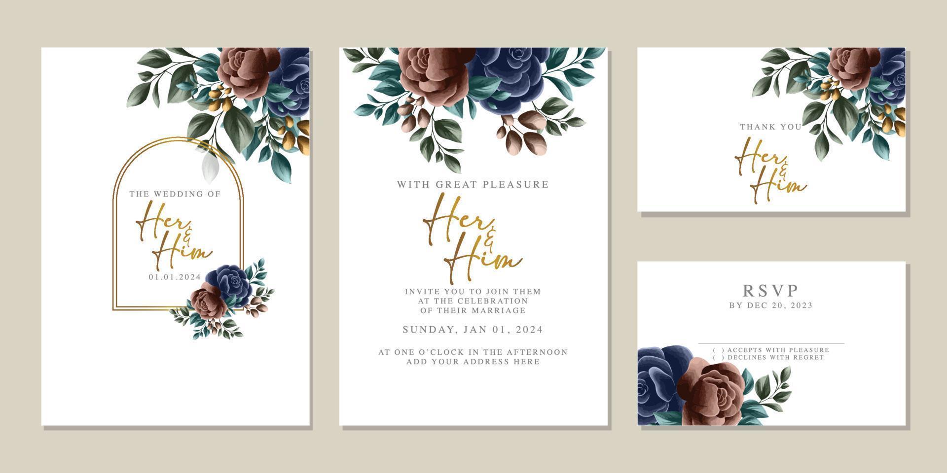 plantilla de fondo de tarjeta de invitación de boda de flores hermosas de lujo vector