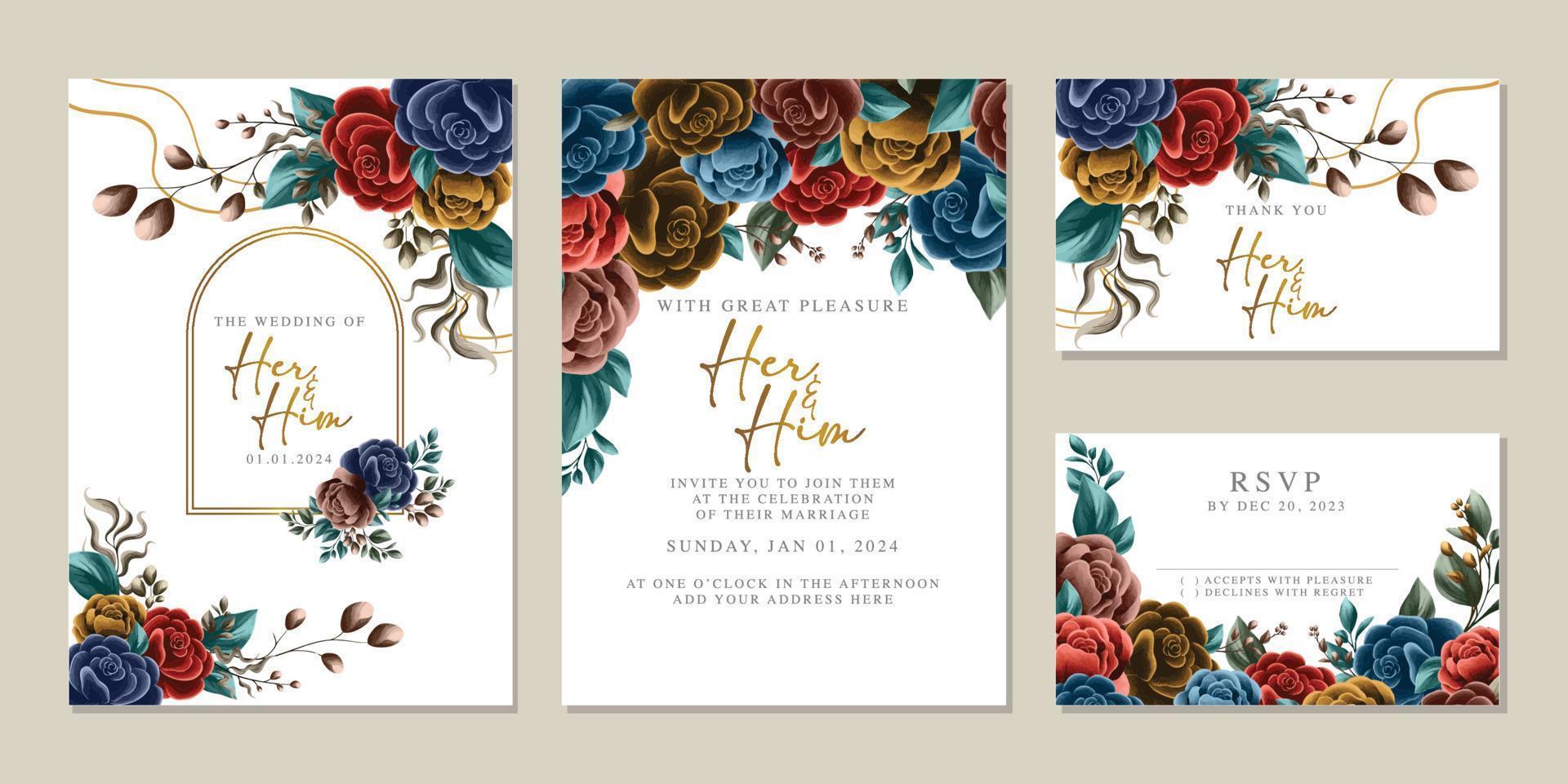 Luxury beautiful flowers wedding invitation card background template vector