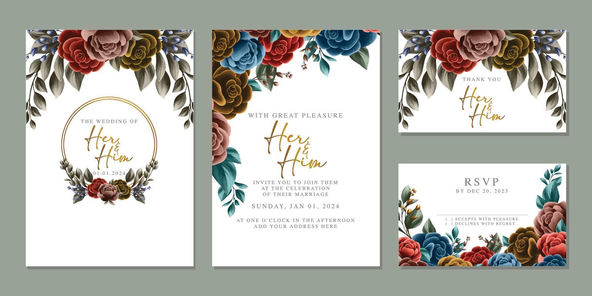 plantilla de fondo de tarjeta de invitación de boda de flores hermosas de lujo vector