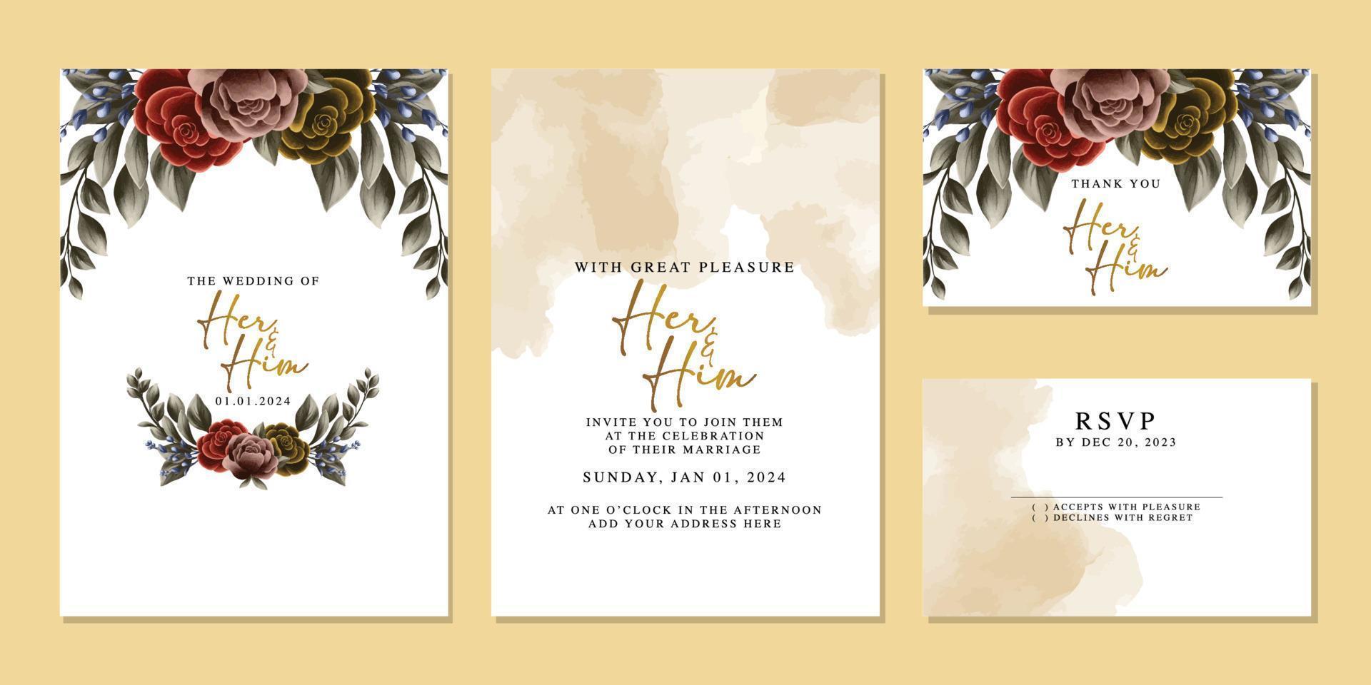 plantilla de fondo de tarjeta de invitación de boda de flores hermosas de lujo vector