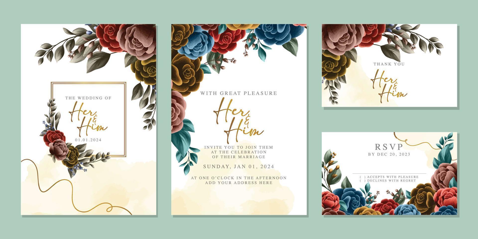 plantilla de fondo de tarjeta de invitación de boda de flores hermosas de lujo vector