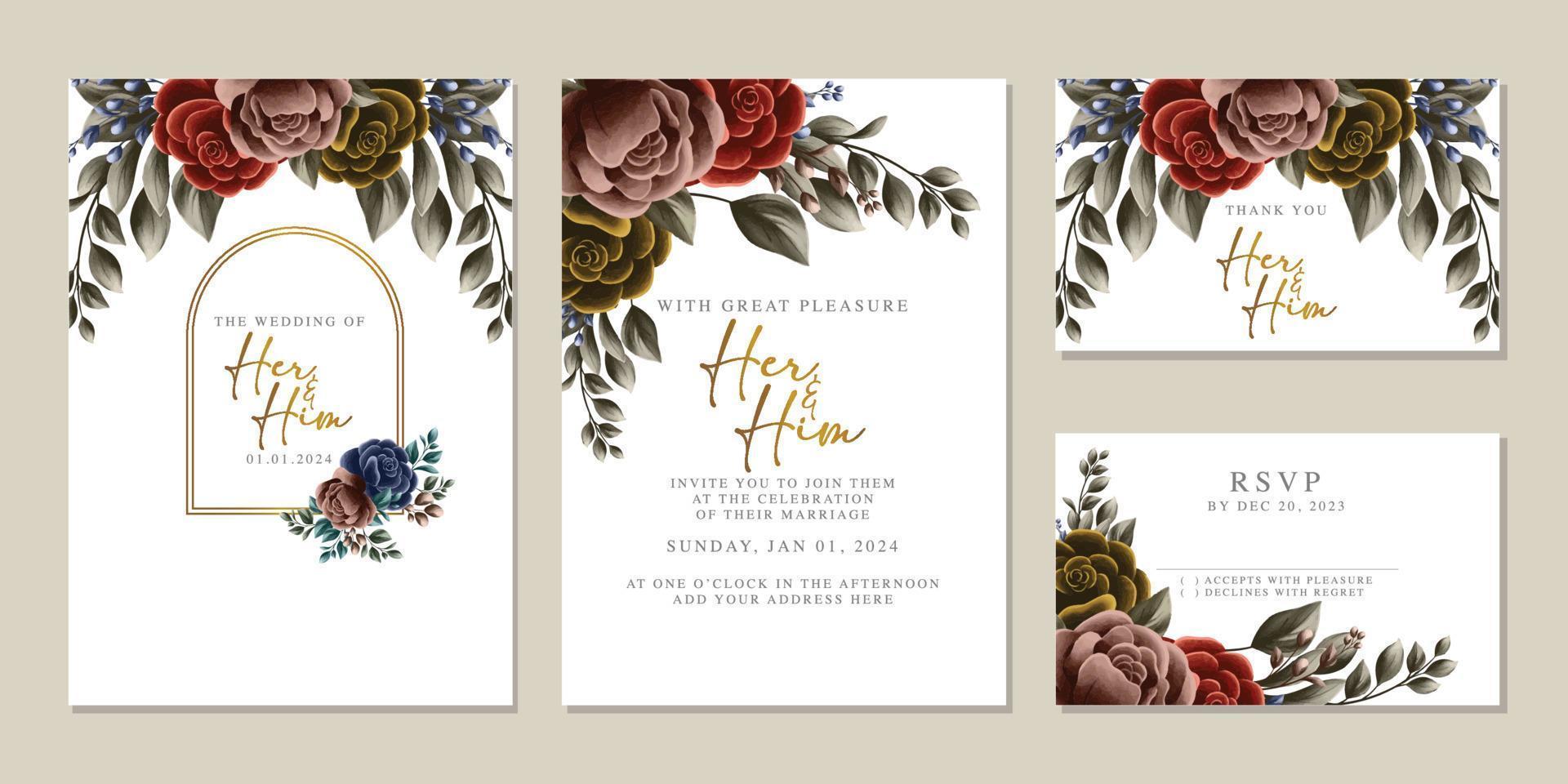 plantilla de fondo de tarjeta de invitación de boda de flores hermosas de lujo vector