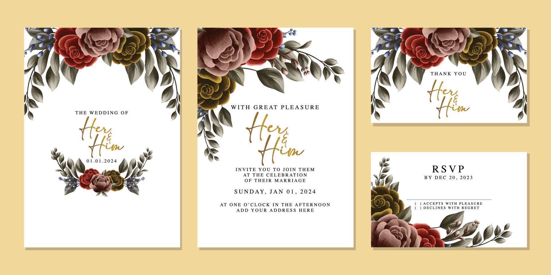 plantilla de fondo de tarjeta de invitación de boda de flores hermosas de lujo vector