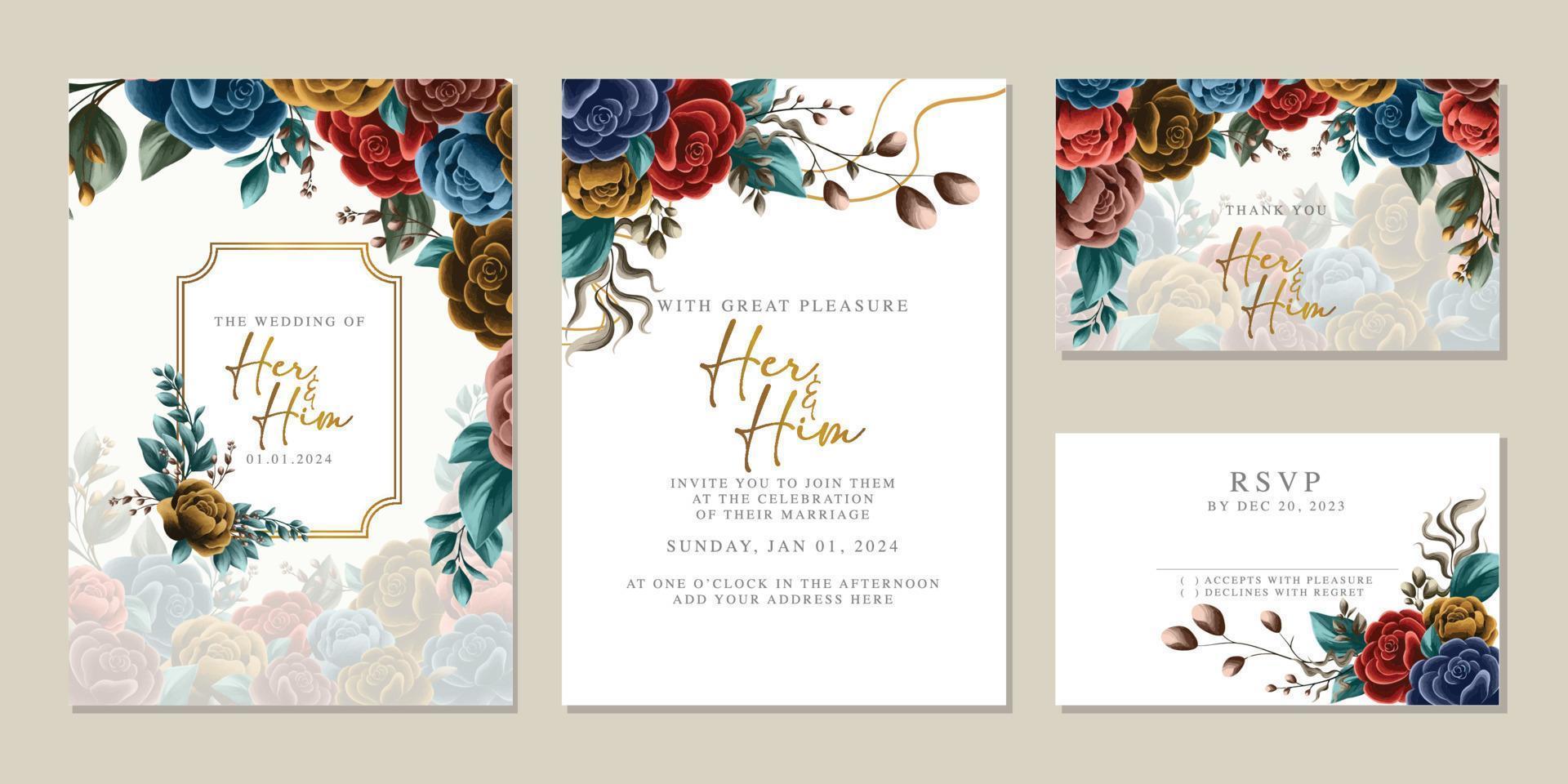 plantilla de fondo de tarjeta de invitación de boda de flores hermosas de lujo vector