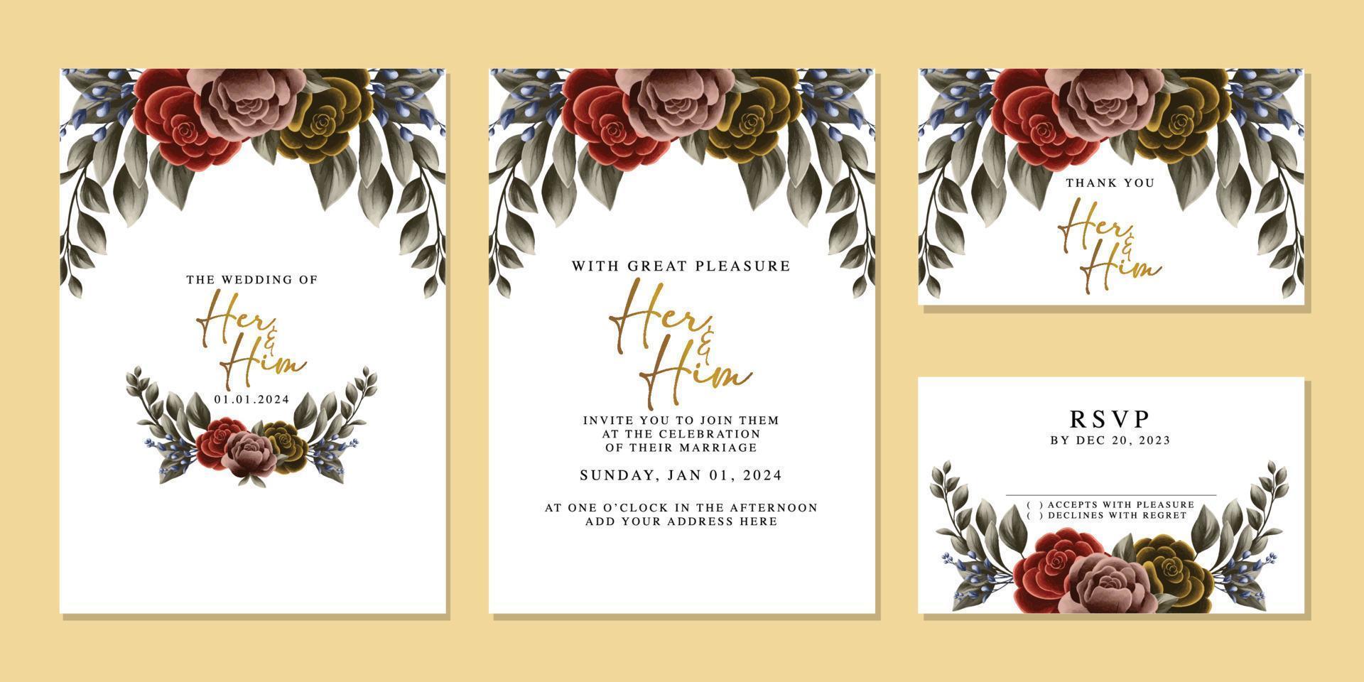 Luxury beautiful flowers wedding invitation card background template vector