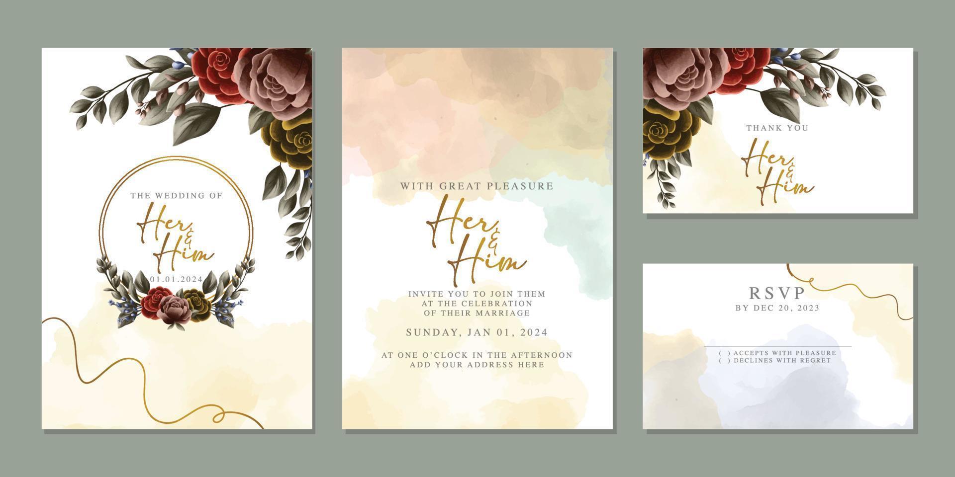 plantilla de fondo de tarjeta de invitación de boda de flores hermosas de lujo vector