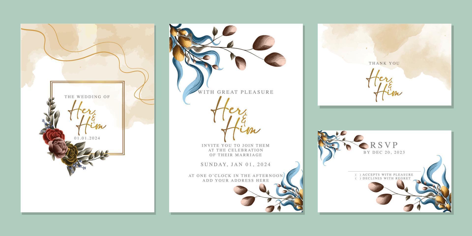 plantilla de fondo de tarjeta de invitación de boda de flores hermosas de lujo vector