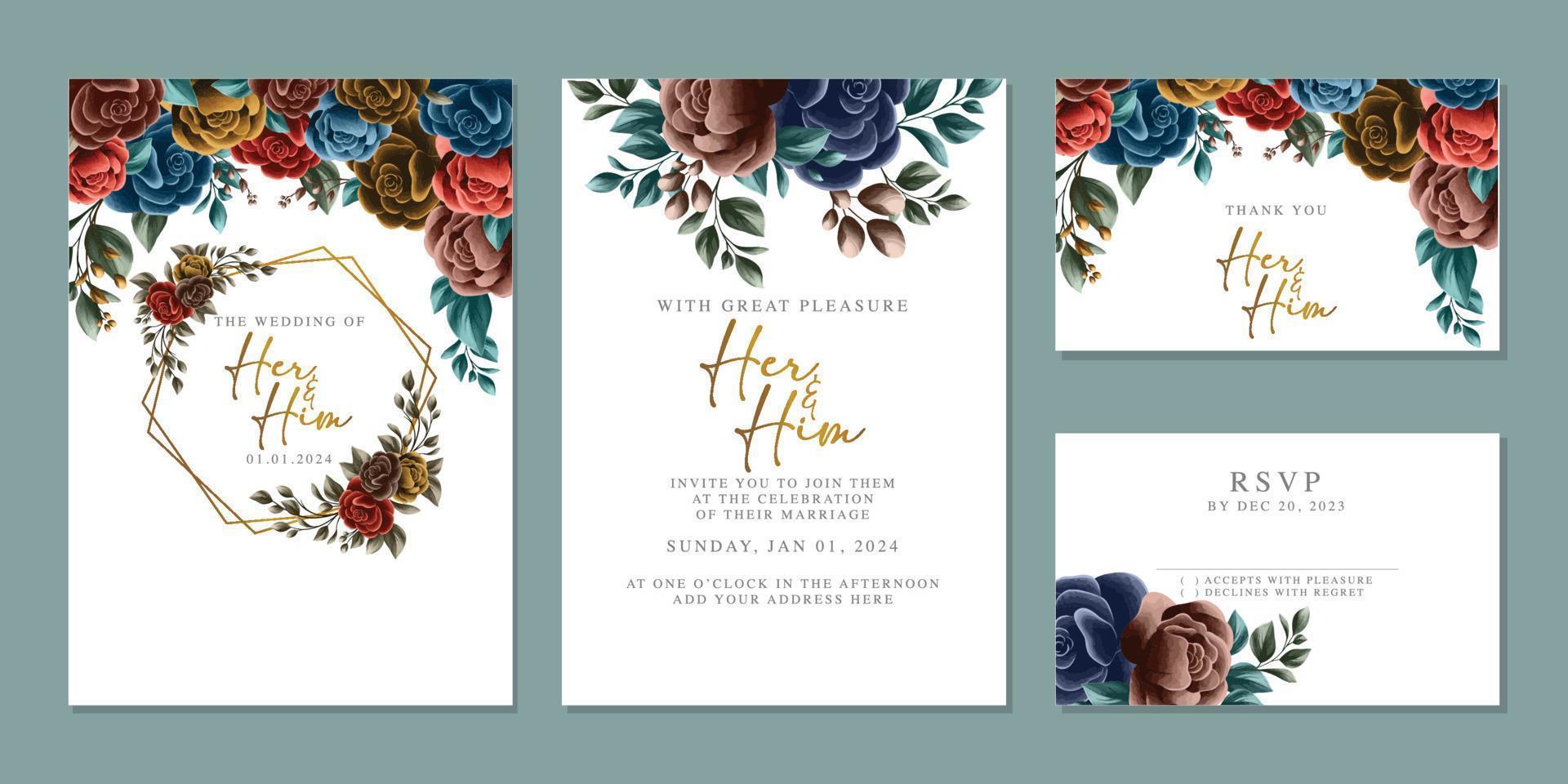 plantilla de fondo de tarjeta de invitación de boda de flores hermosas de lujo vector