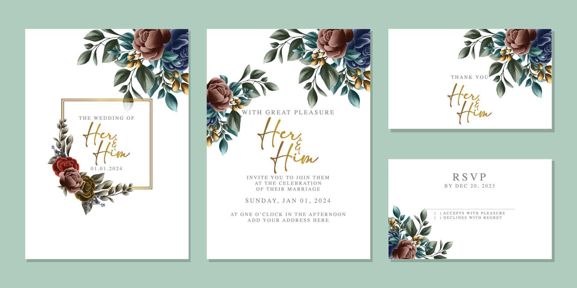 plantilla de fondo de tarjeta de invitación de boda de flores hermosas de lujo vector