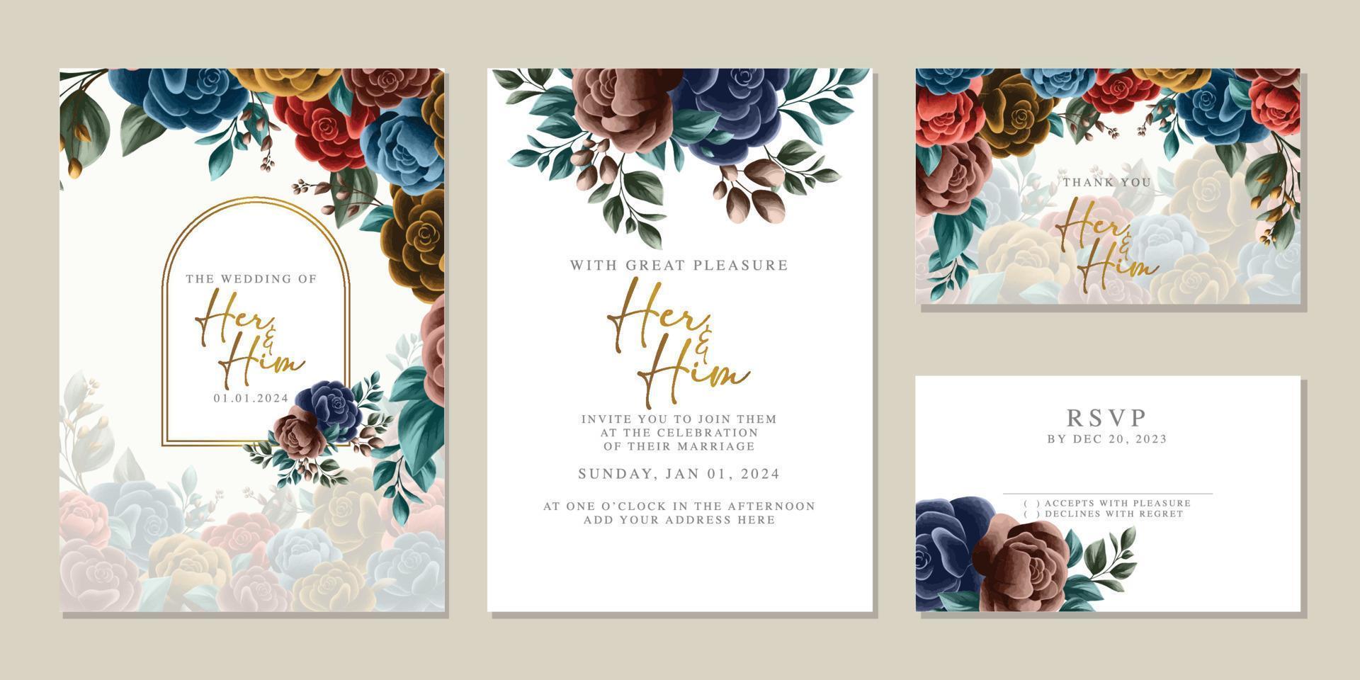 plantilla de fondo de tarjeta de invitación de boda de flores hermosas de lujo vector