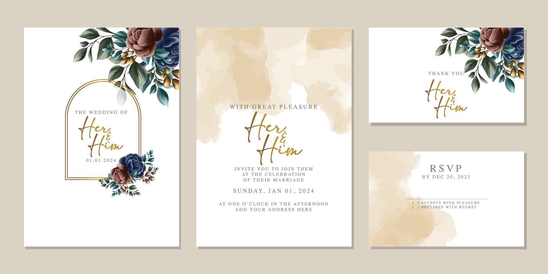 plantilla de fondo de tarjeta de invitación de boda de flores hermosas de lujo vector