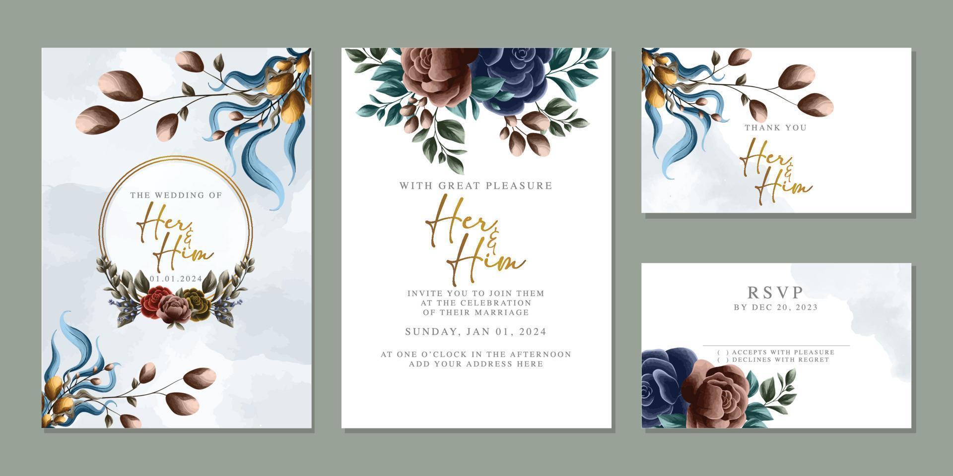 plantilla de fondo de tarjeta de invitación de boda de flores hermosas de lujo vector