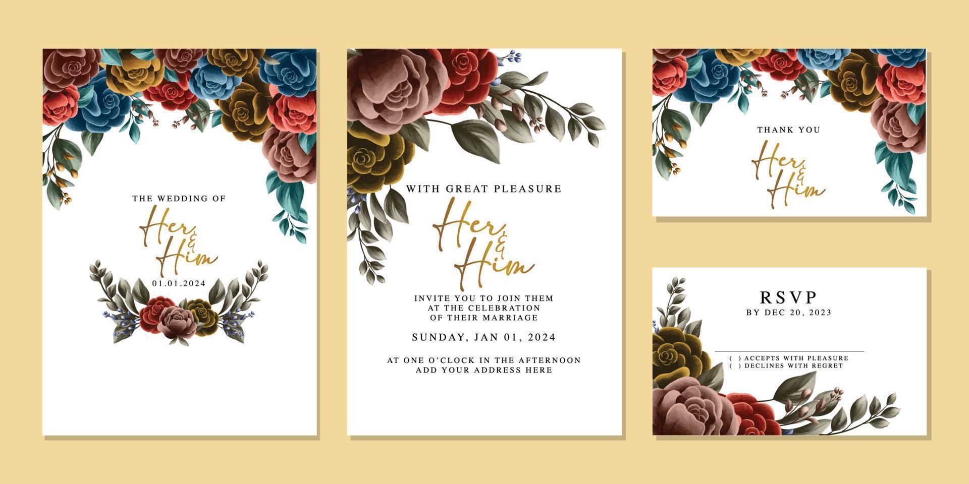 plantilla de fondo de tarjeta de invitación de boda de flores hermosas de lujo vector