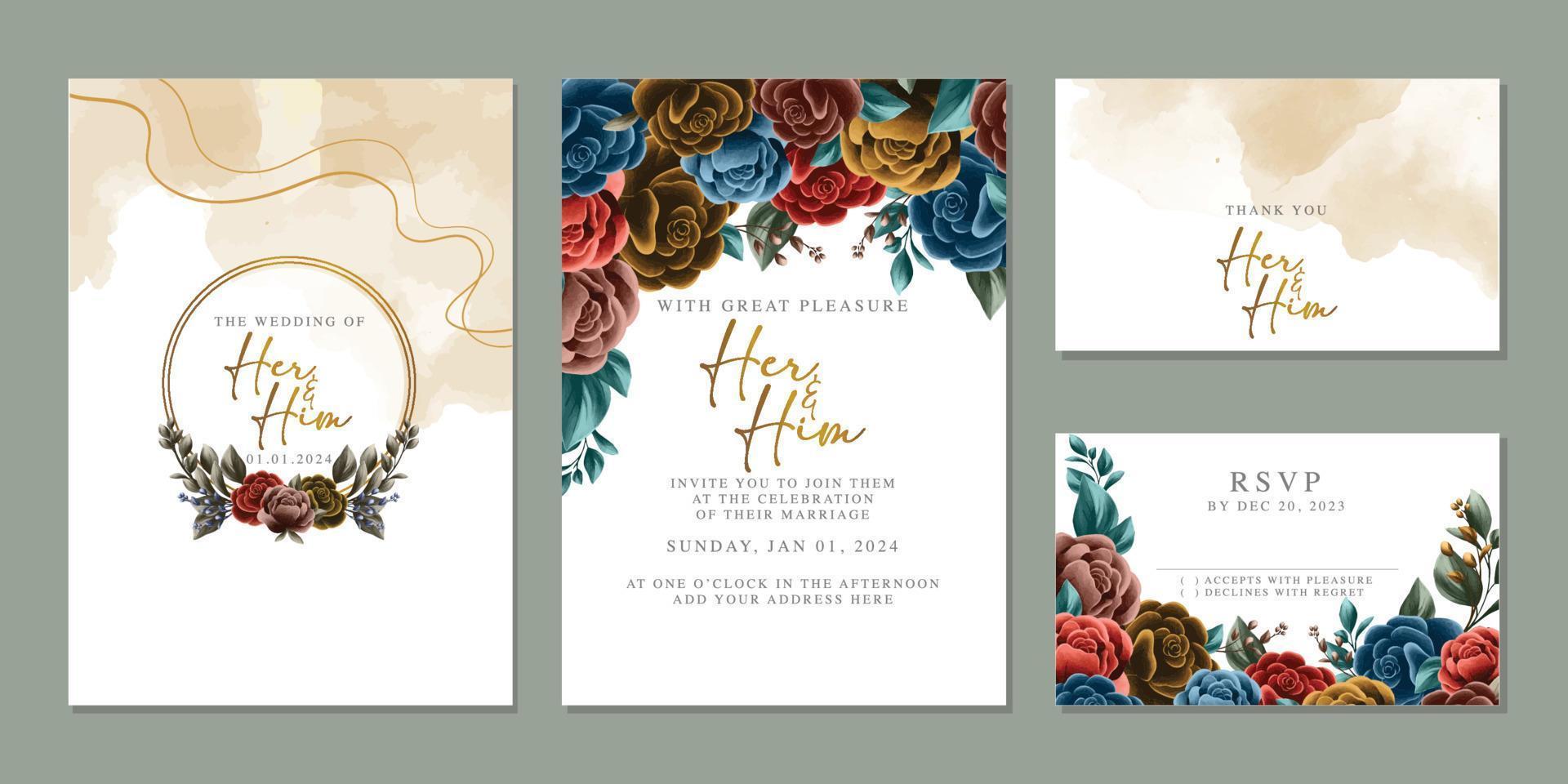 plantilla de fondo de tarjeta de invitación de boda de flores hermosas de lujo vector