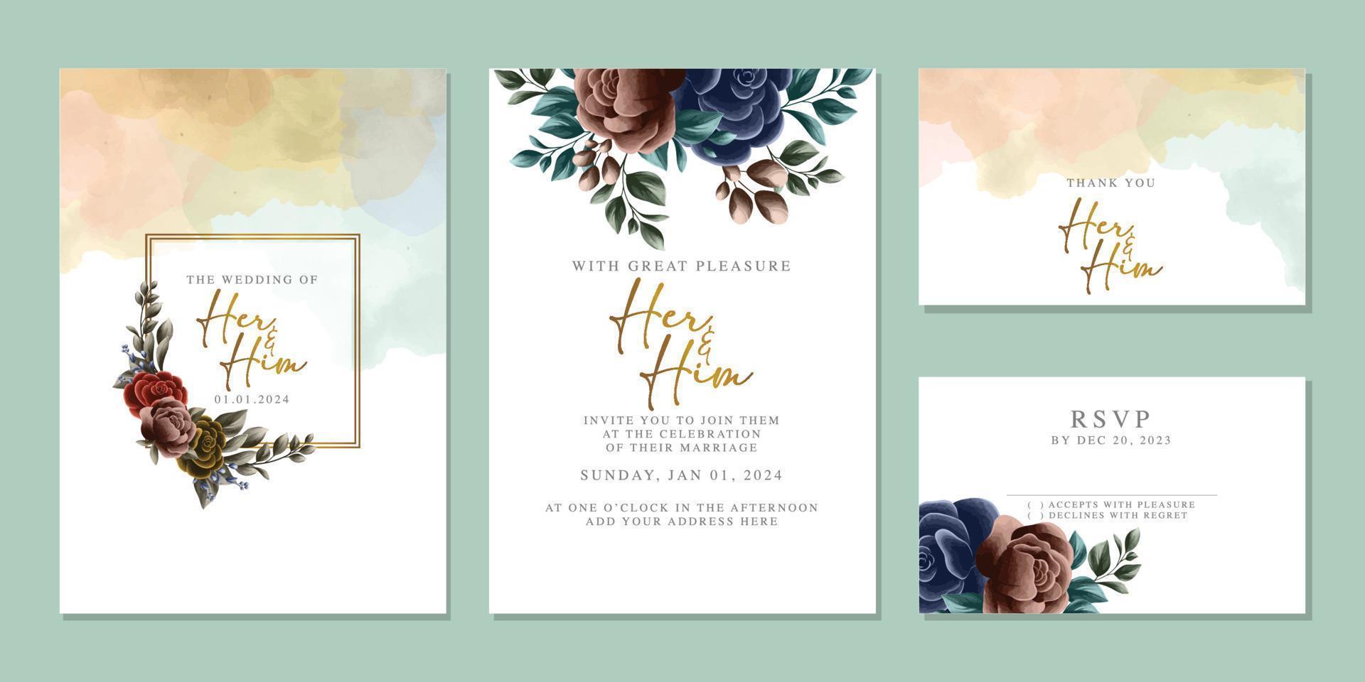 plantilla de fondo de tarjeta de invitación de boda de flores hermosas de lujo vector