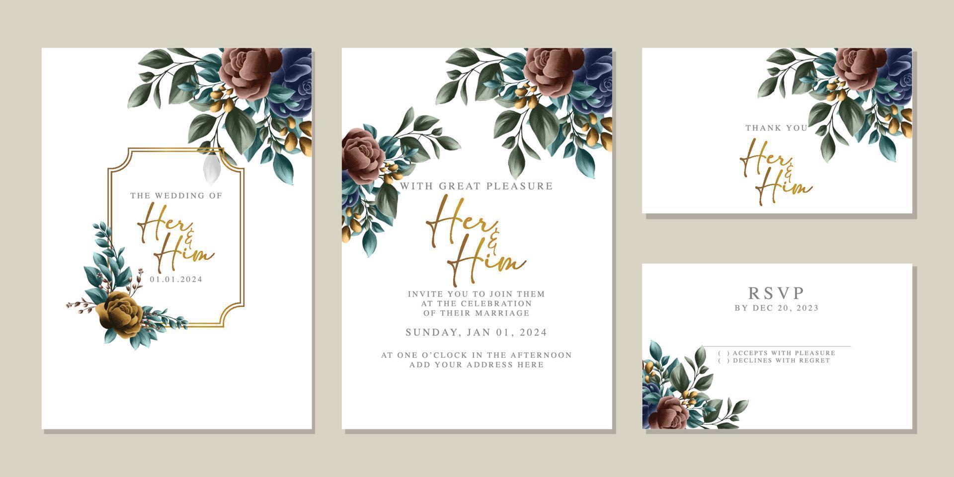 plantilla de fondo de tarjeta de invitación de boda de flores hermosas de lujo vector