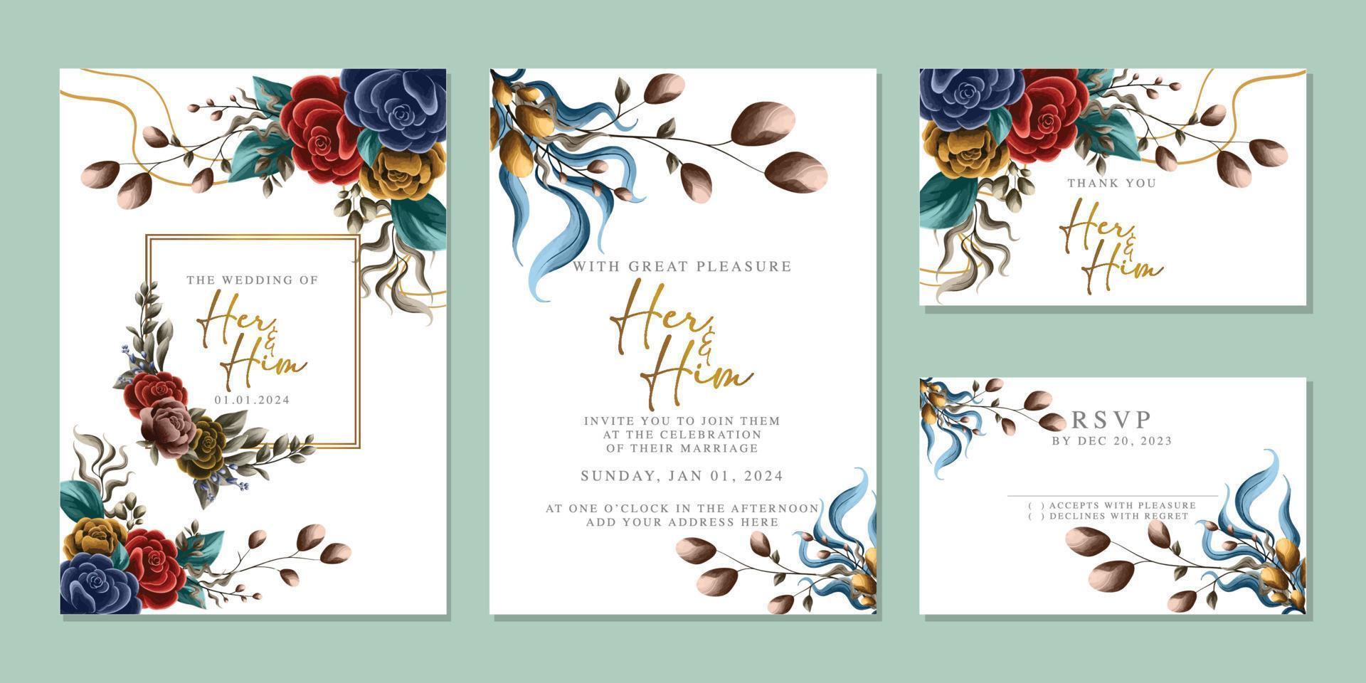 plantilla de fondo de tarjeta de invitación de boda de flores hermosas de lujo vector