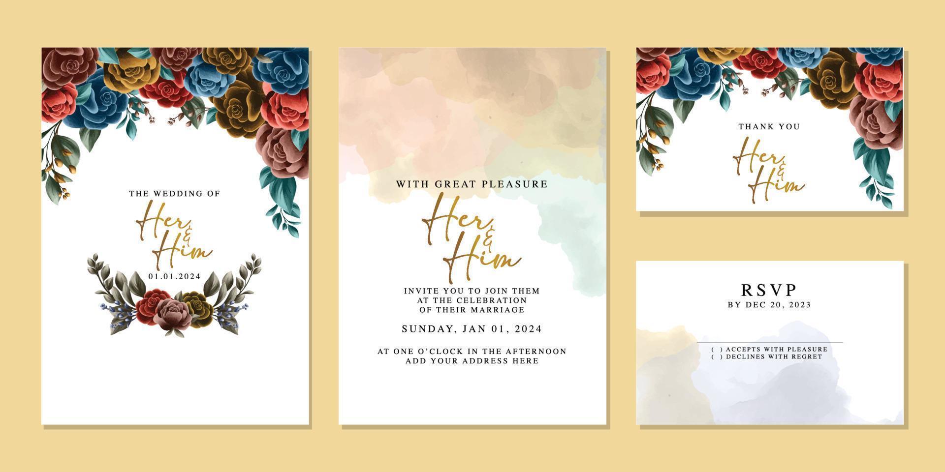 plantilla de fondo de tarjeta de invitación de boda de flores hermosas de lujo vector