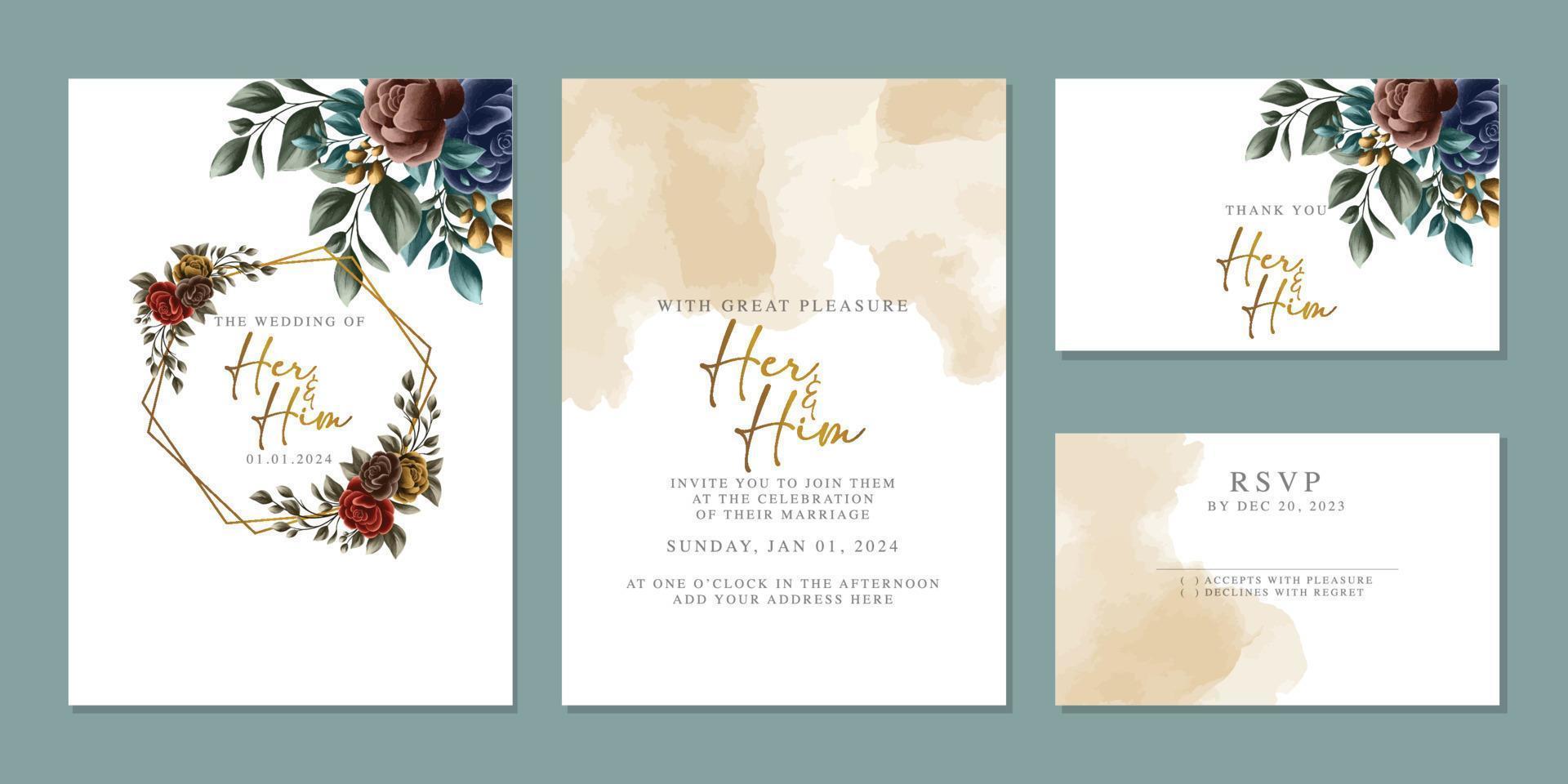 Luxury beautiful flowers wedding invitation card background template vector