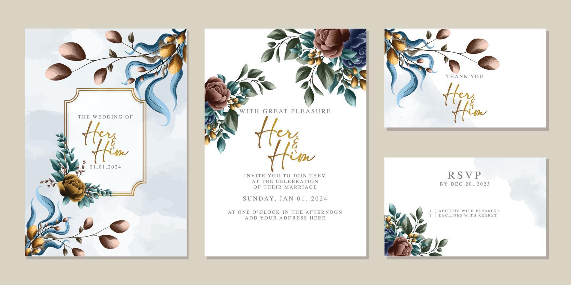 Luxury beautiful flowers wedding invitation card background template vector