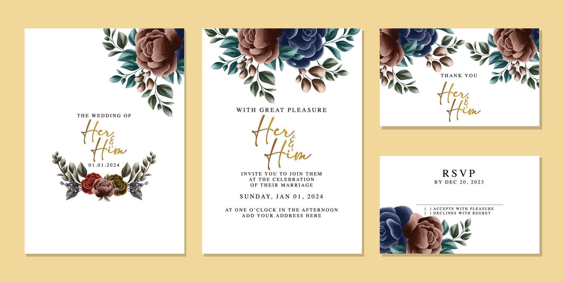 Luxury beautiful flowers wedding invitation card background template vector