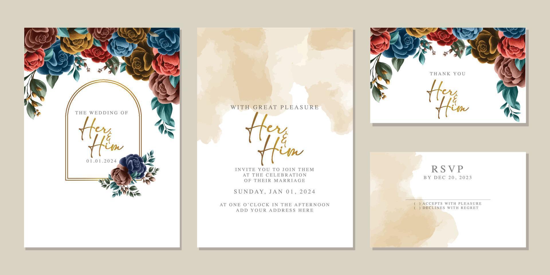 plantilla de fondo de tarjeta de invitación de boda de flores hermosas de lujo vector