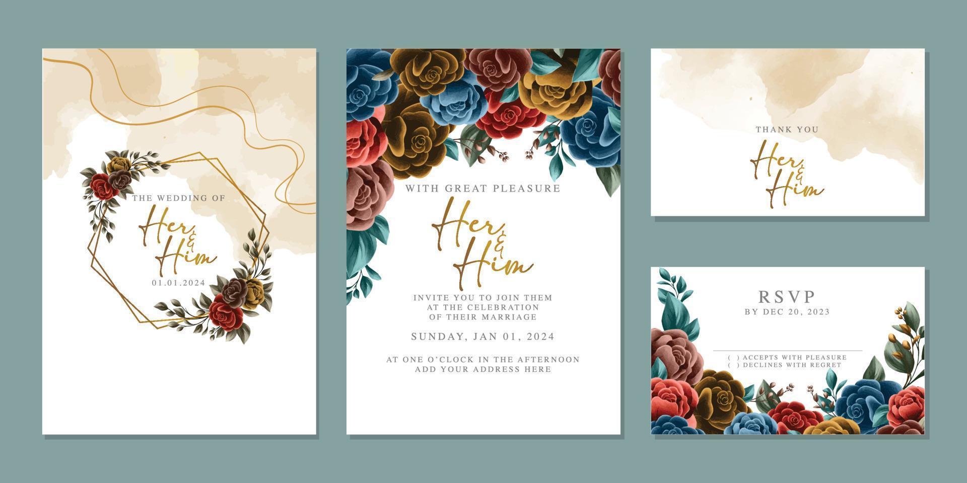 plantilla de fondo de tarjeta de invitación de boda de flores hermosas de lujo vector