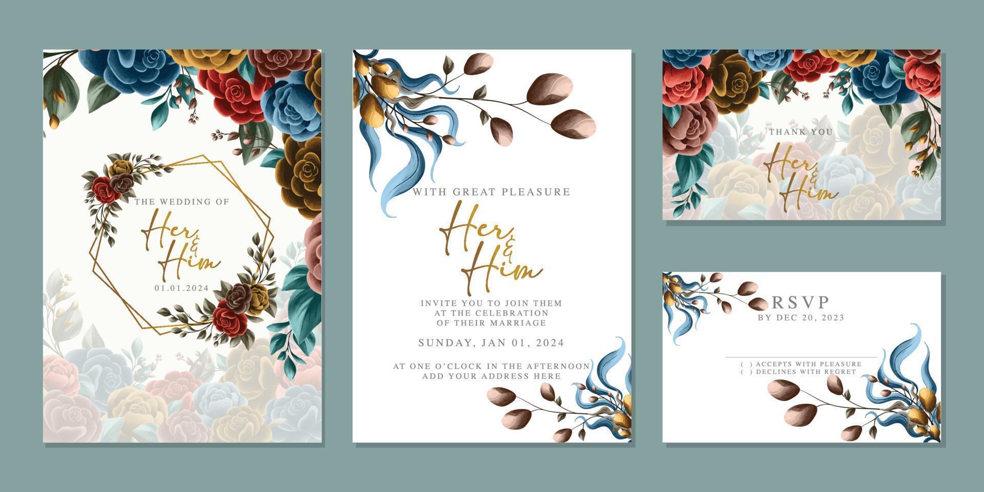 Luxury beautiful flowers wedding invitation card background template vector