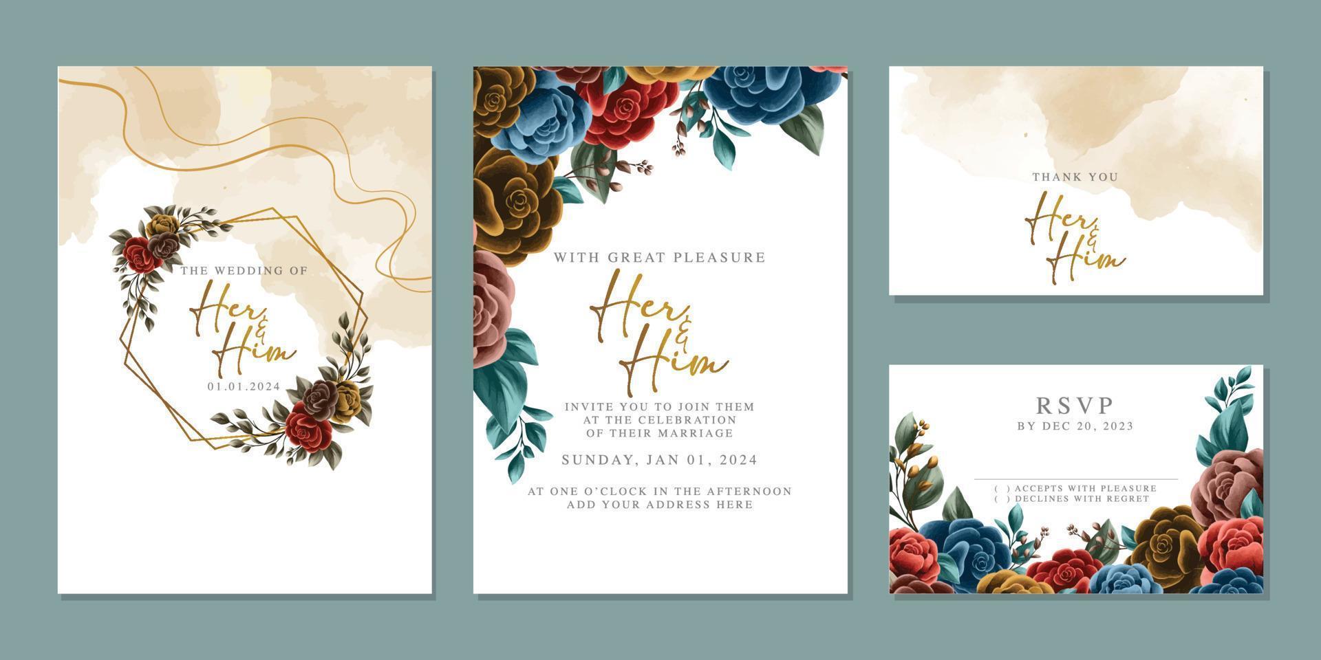 plantilla de fondo de tarjeta de invitación de boda de flores hermosas de lujo vector