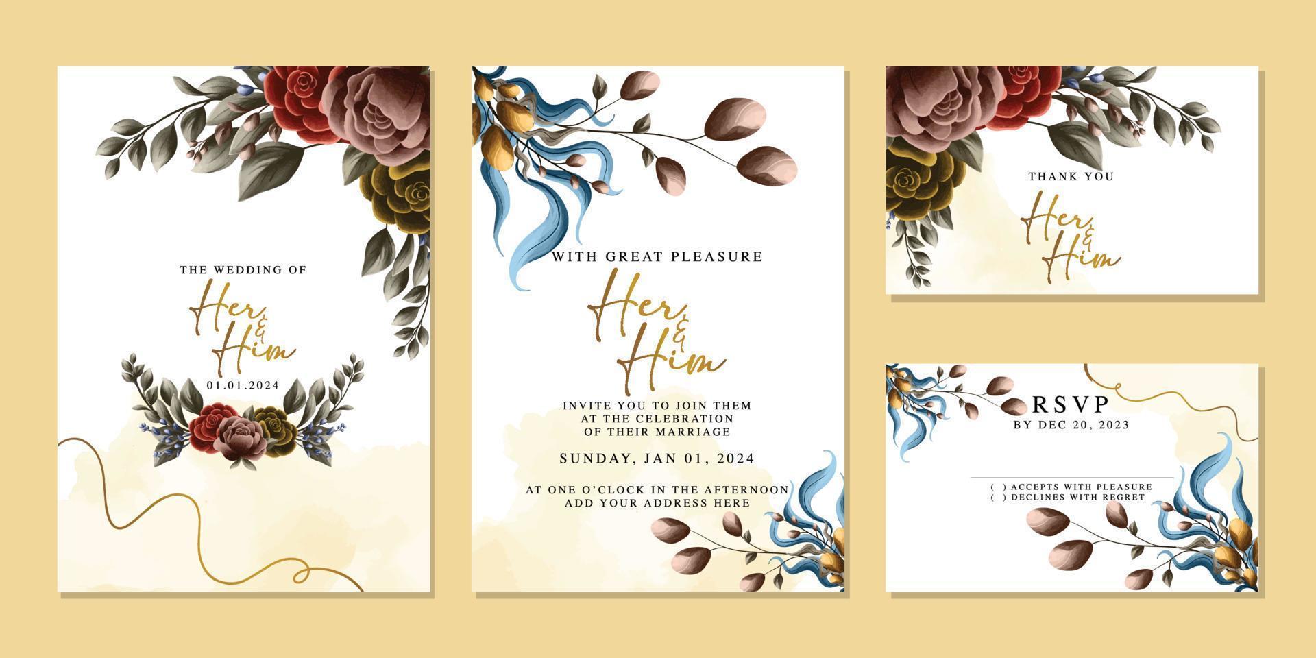 plantilla de fondo de tarjeta de invitación de boda de flores hermosas de lujo vector