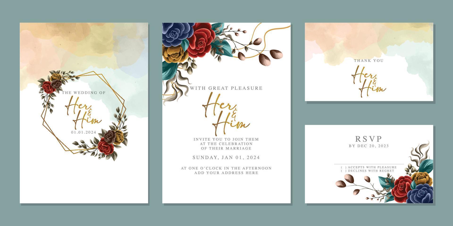 Luxury beautiful flowers wedding invitation card background template vector