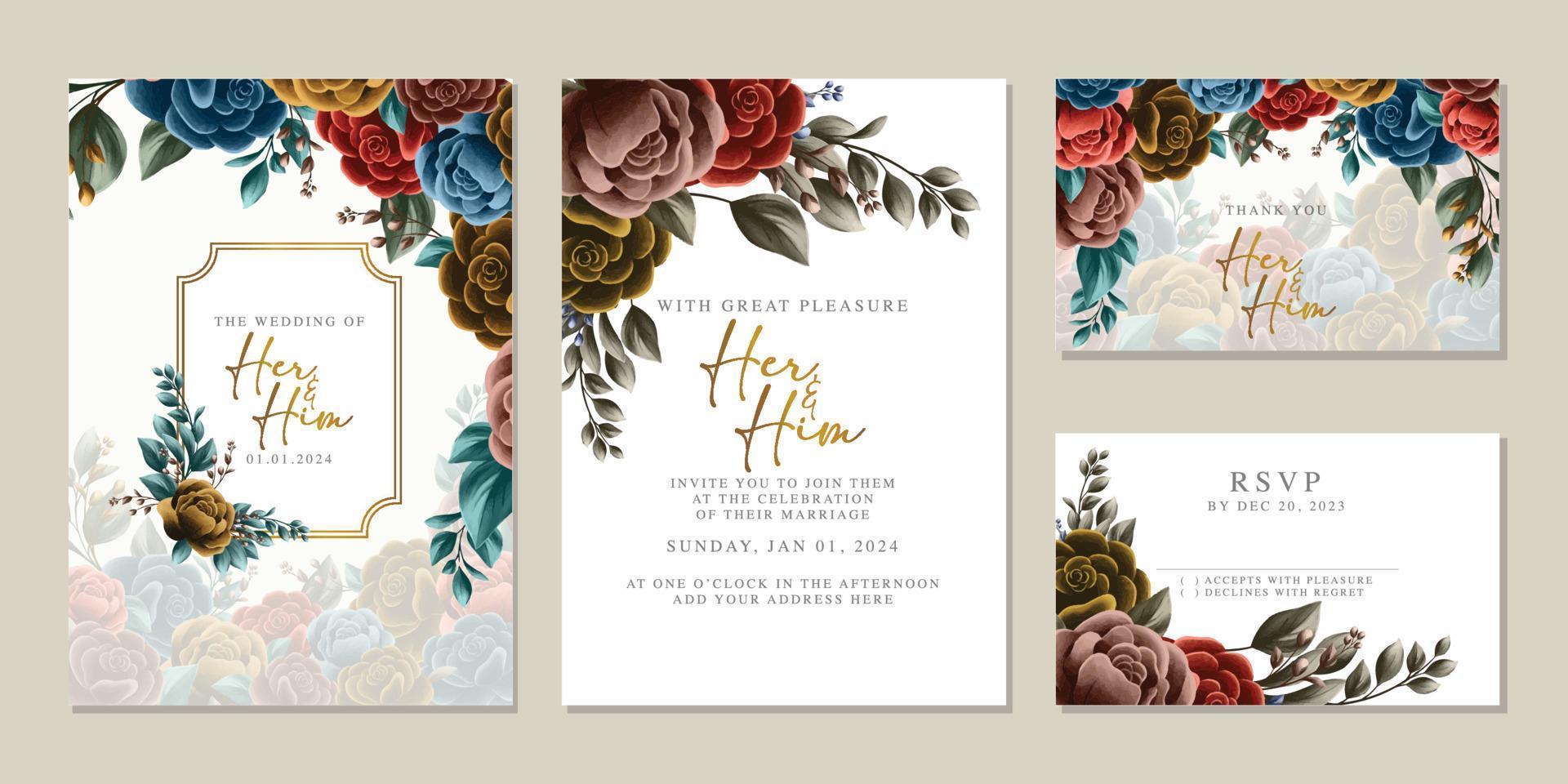 plantilla de fondo de tarjeta de invitación de boda de flores hermosas de lujo vector